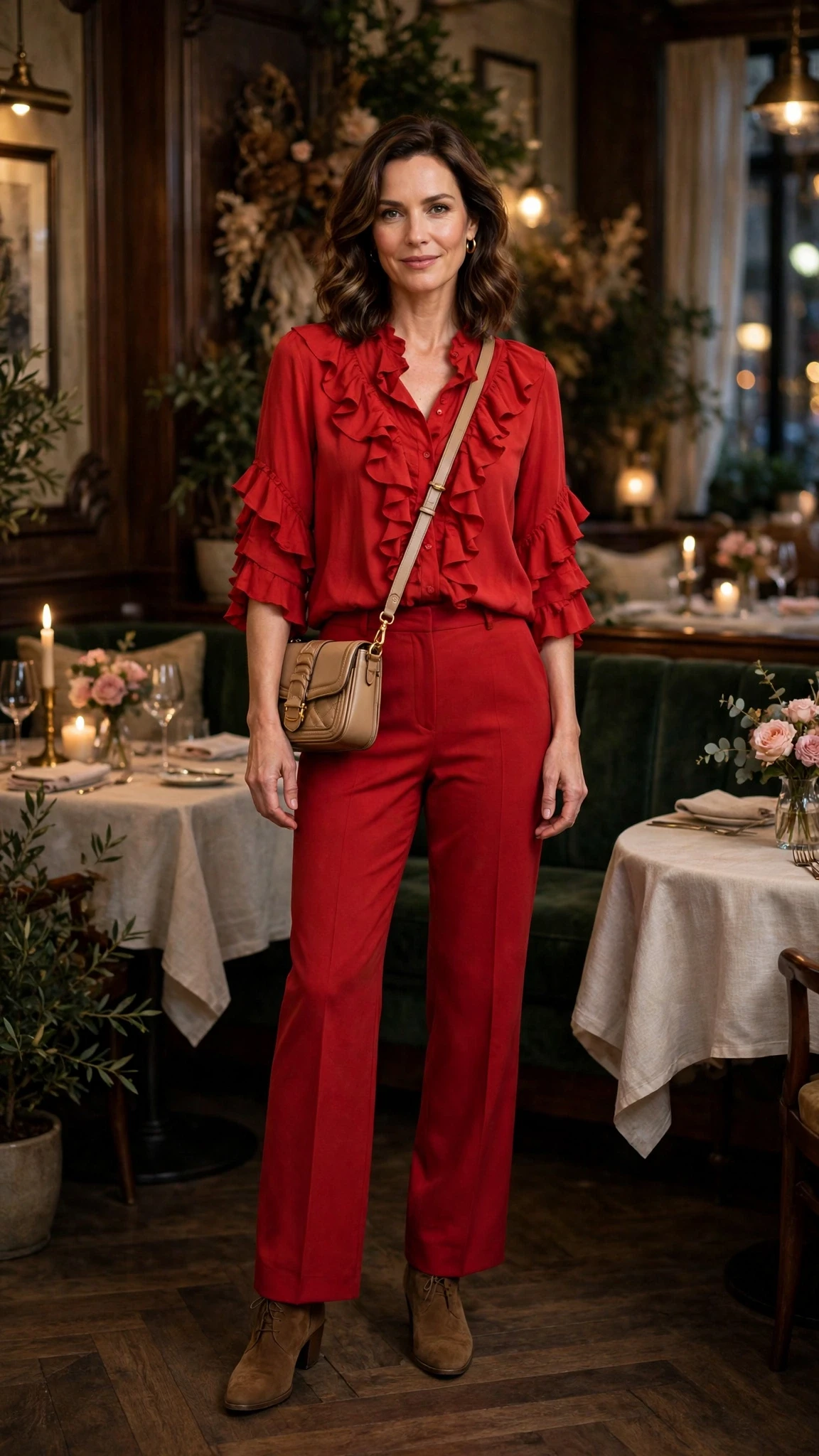 Red ruffle blouse and trouser outfit with suede ankle boots and a chic crossbody bag