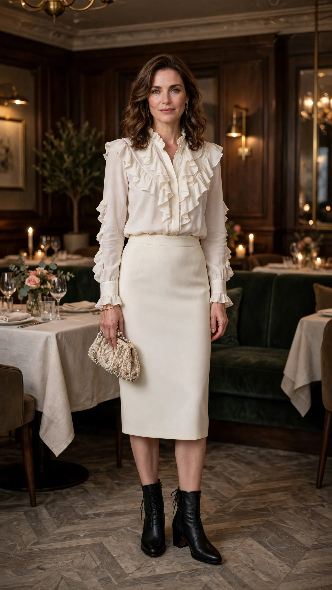 Ivory ruffle blouse and pencil skirt outfit with leather ankle boots and a beaded clutch
