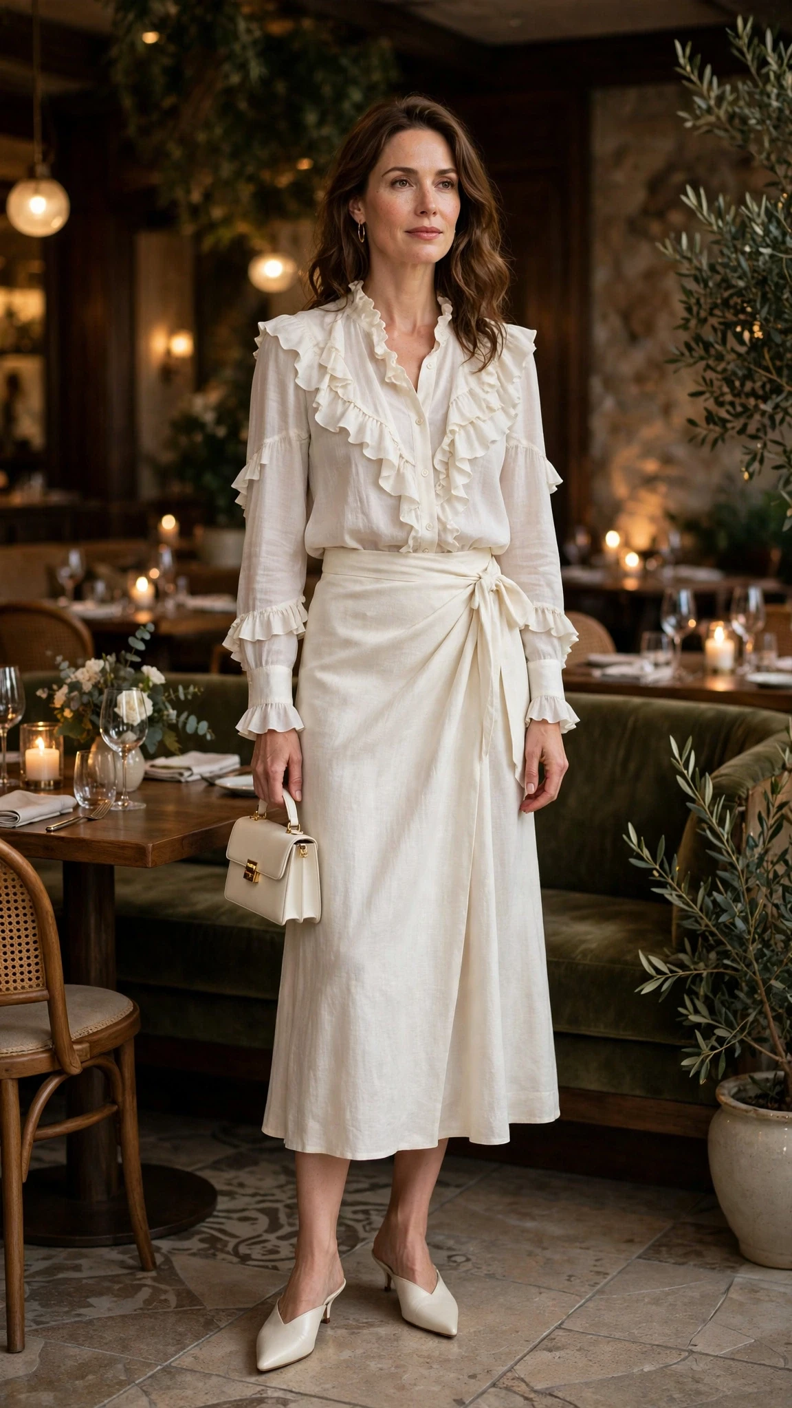 Ivory ruffle blouse and wrap skirt outfit with pointed mules and a small structured clutch