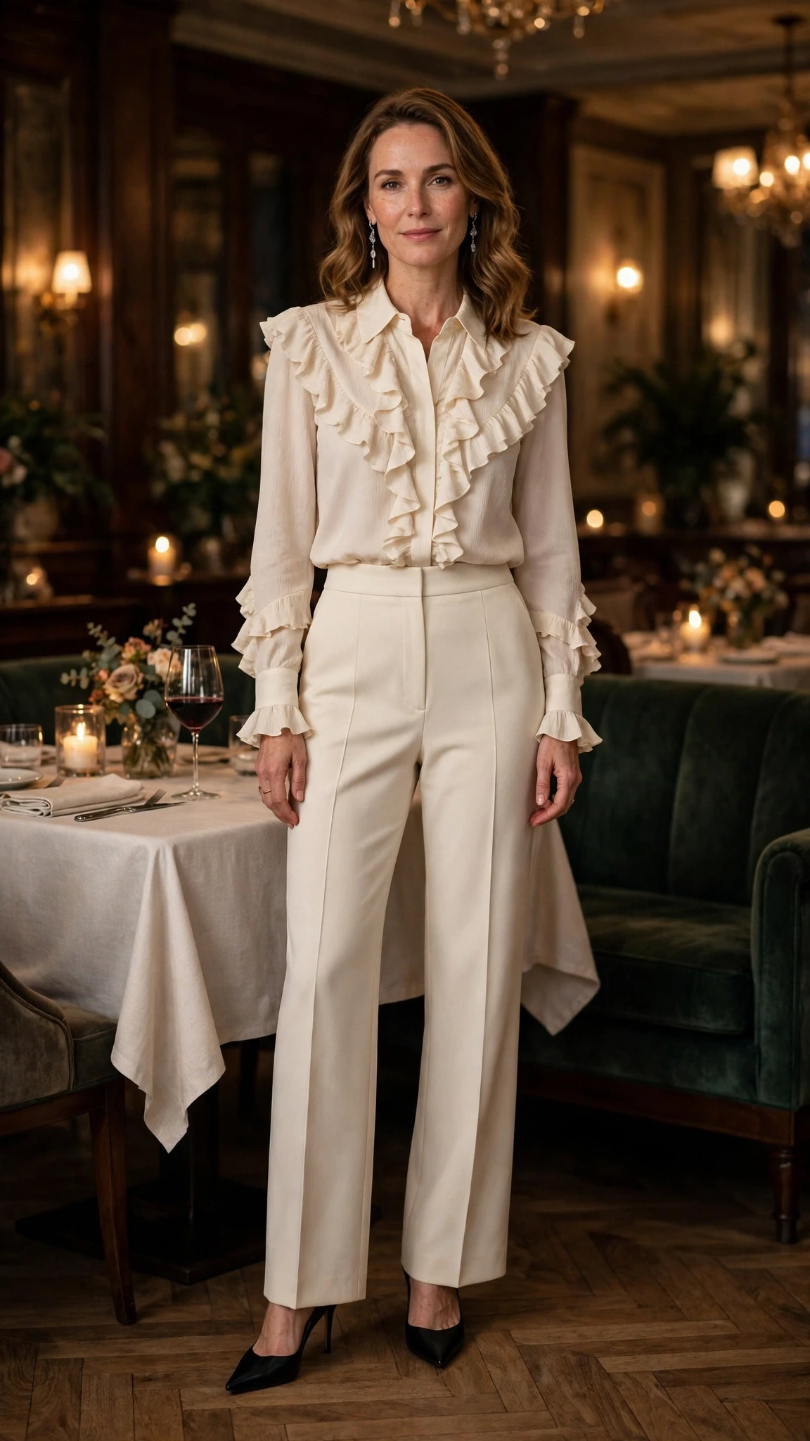 Cream ruffle blouse and evening trouser outfit with black pointed heels and silver drop earrings