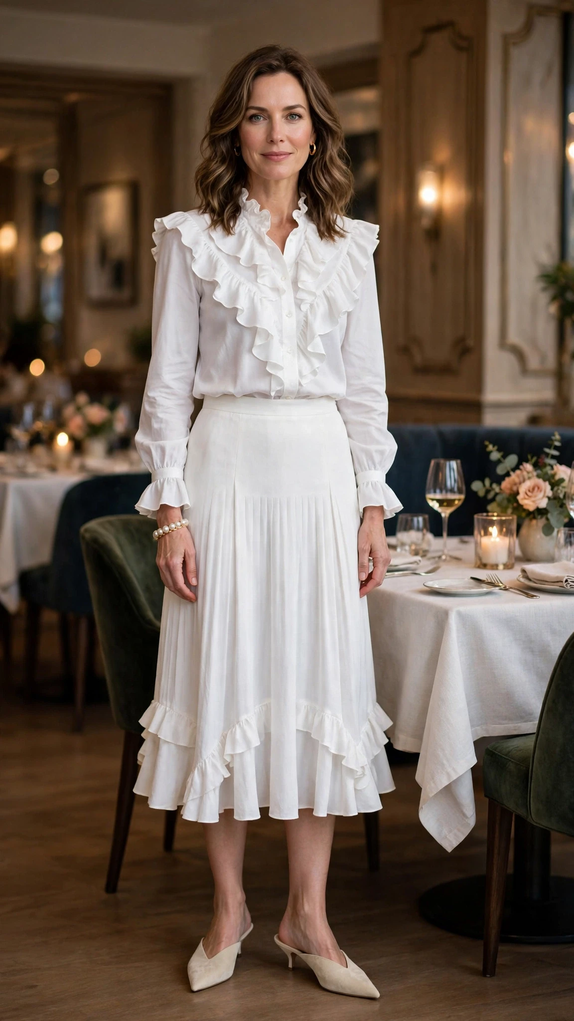 White ruffle blouse and midi skirt outfit with pointed mules and a pearl bracelet