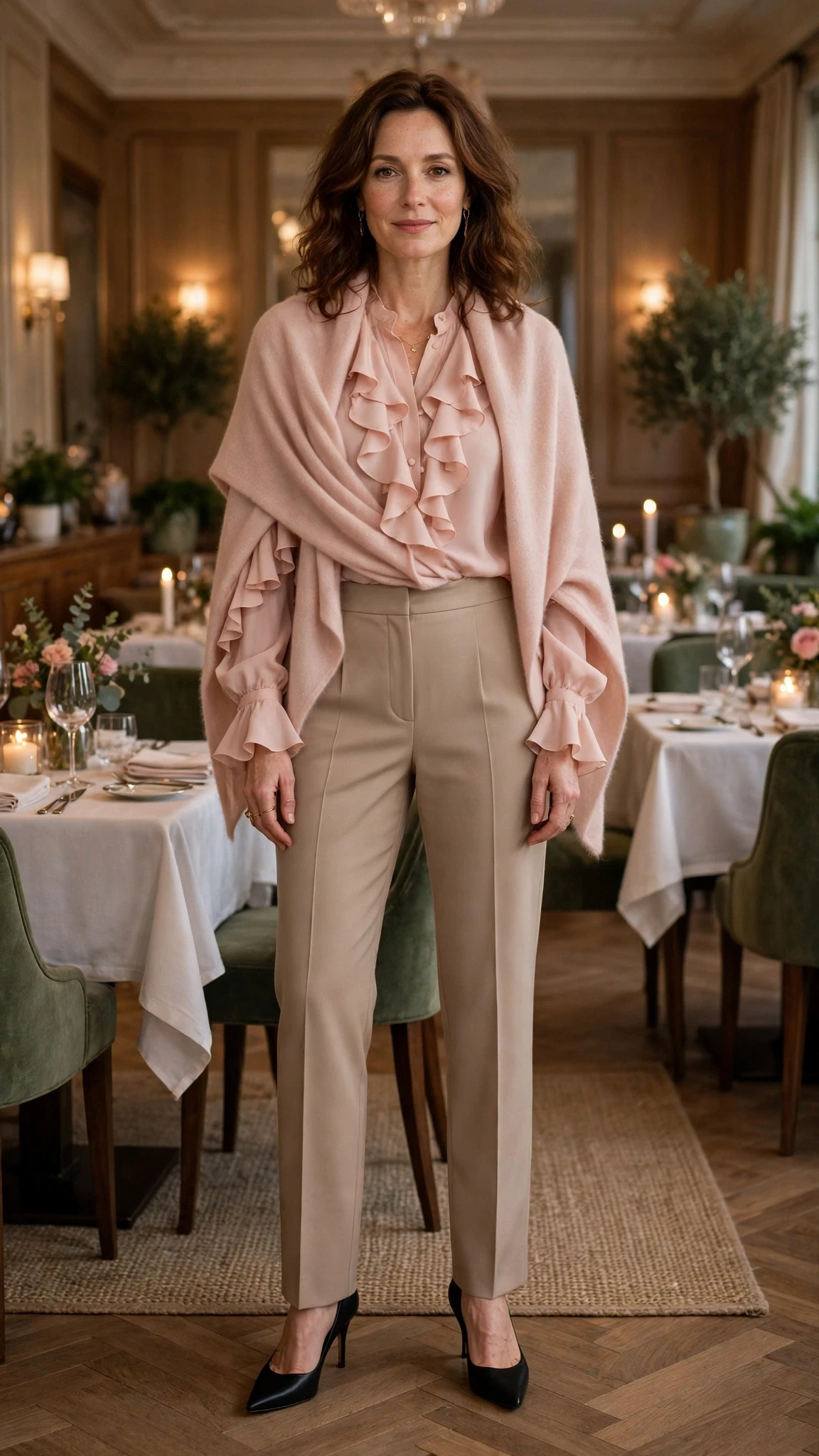 Blush ruffle blouse and straight trouser outfit with black pointed heels and a cashmere wrap