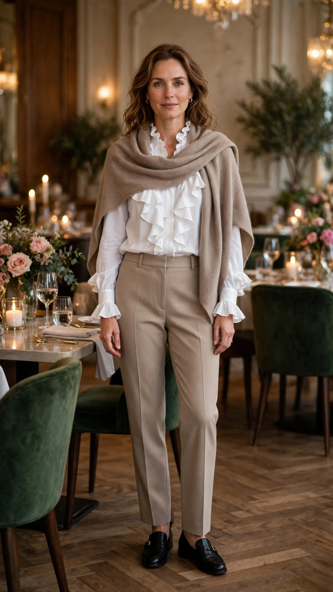 White ruffle blouse and tailored trouser outfit with smart loafers and a cashmere wrap