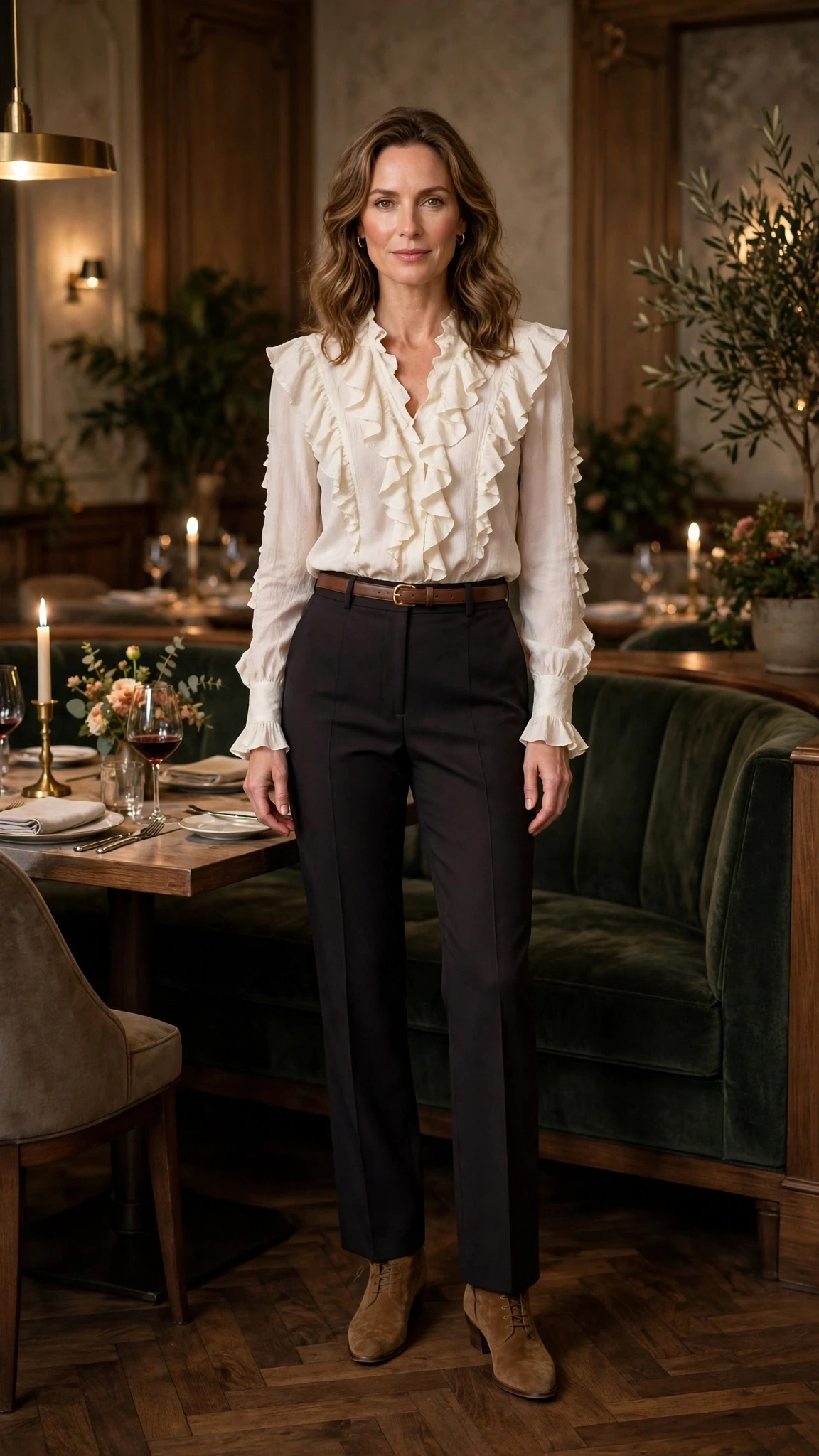 Ivory ruffle blouse and evening trouser outfit with suede ankle boots and a slim leather belt