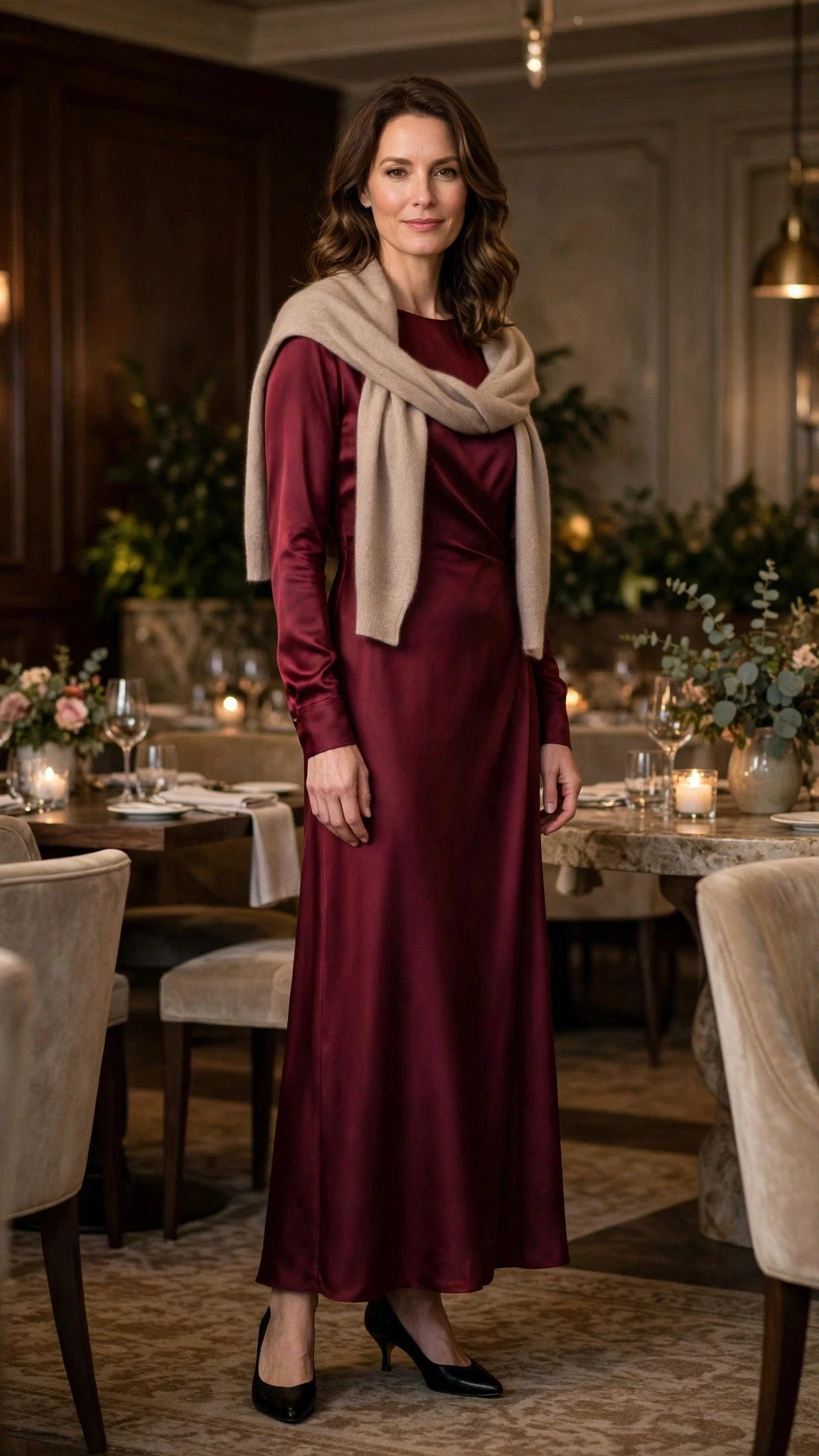 Burgundy satin long-sleeve dress with kitten heels and a cashmere wrap