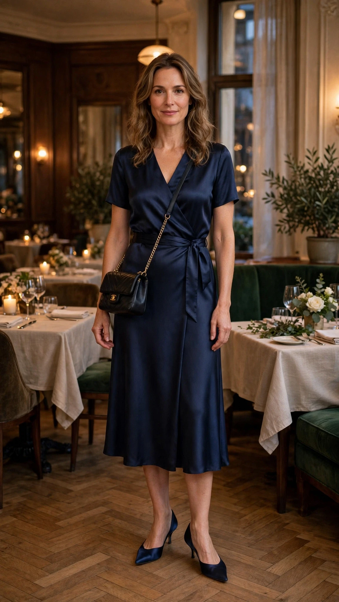 Navy satin midi dress with kitten heels and a chic crossbody bag
