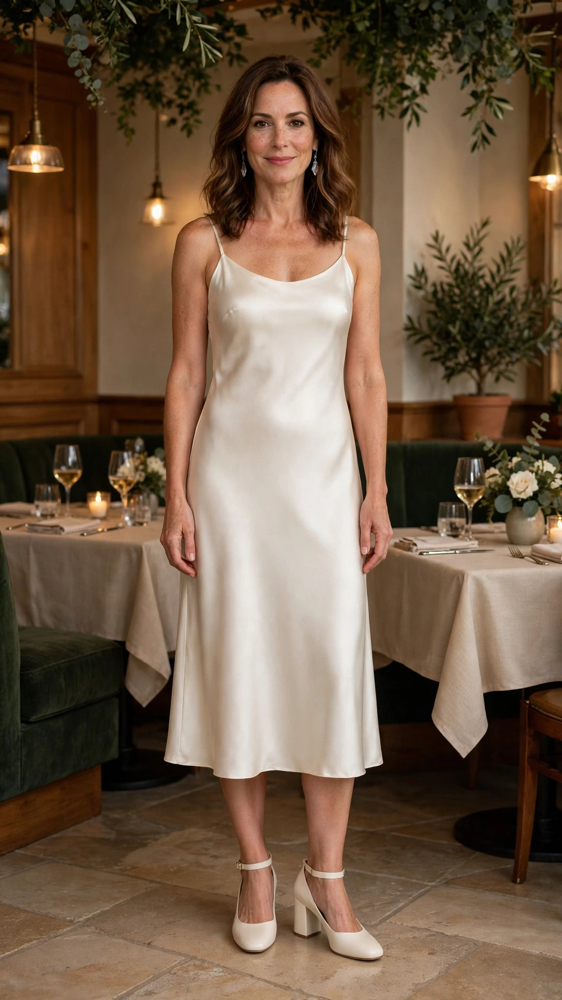 Ivory satin tea-length dress with comfortable block heels and silver drop earrings