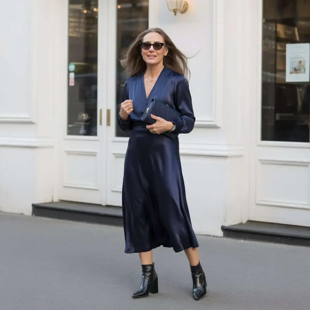 Navy satin cowl-neck dress with suede ankle boots and a beaded clutch