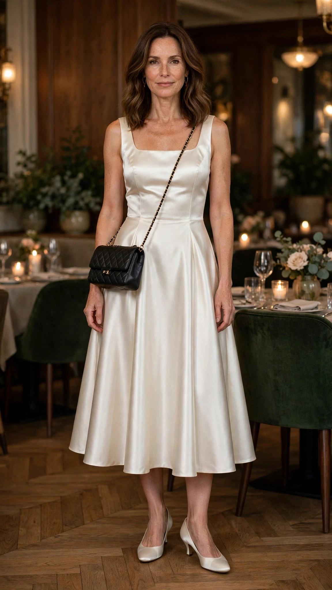 Ivory satin fit-and-flare dress with low-heeled pumps and a chic crossbody bag