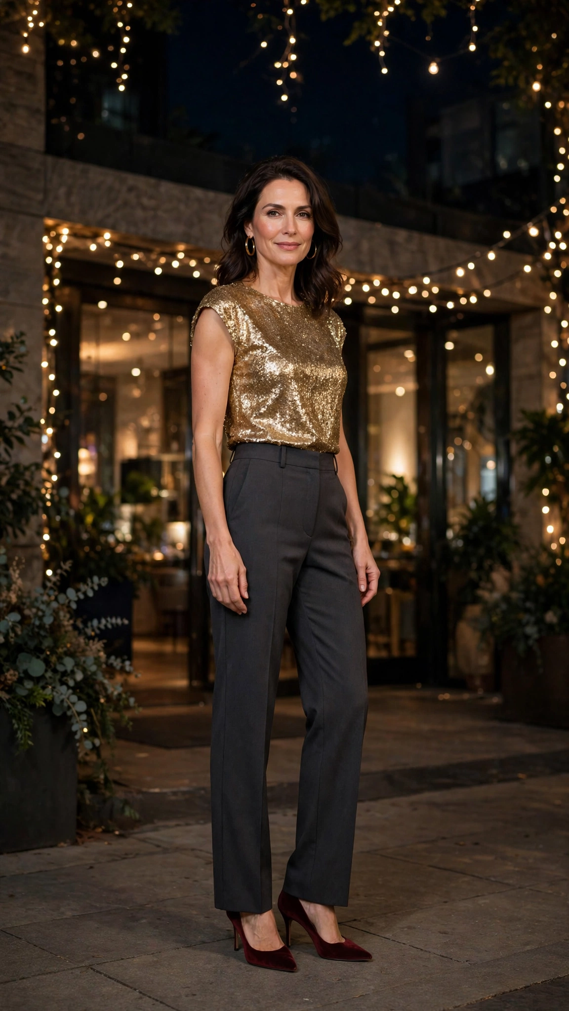 Gold Sequin Top with Charcoal Trousers and Burgundy Heels