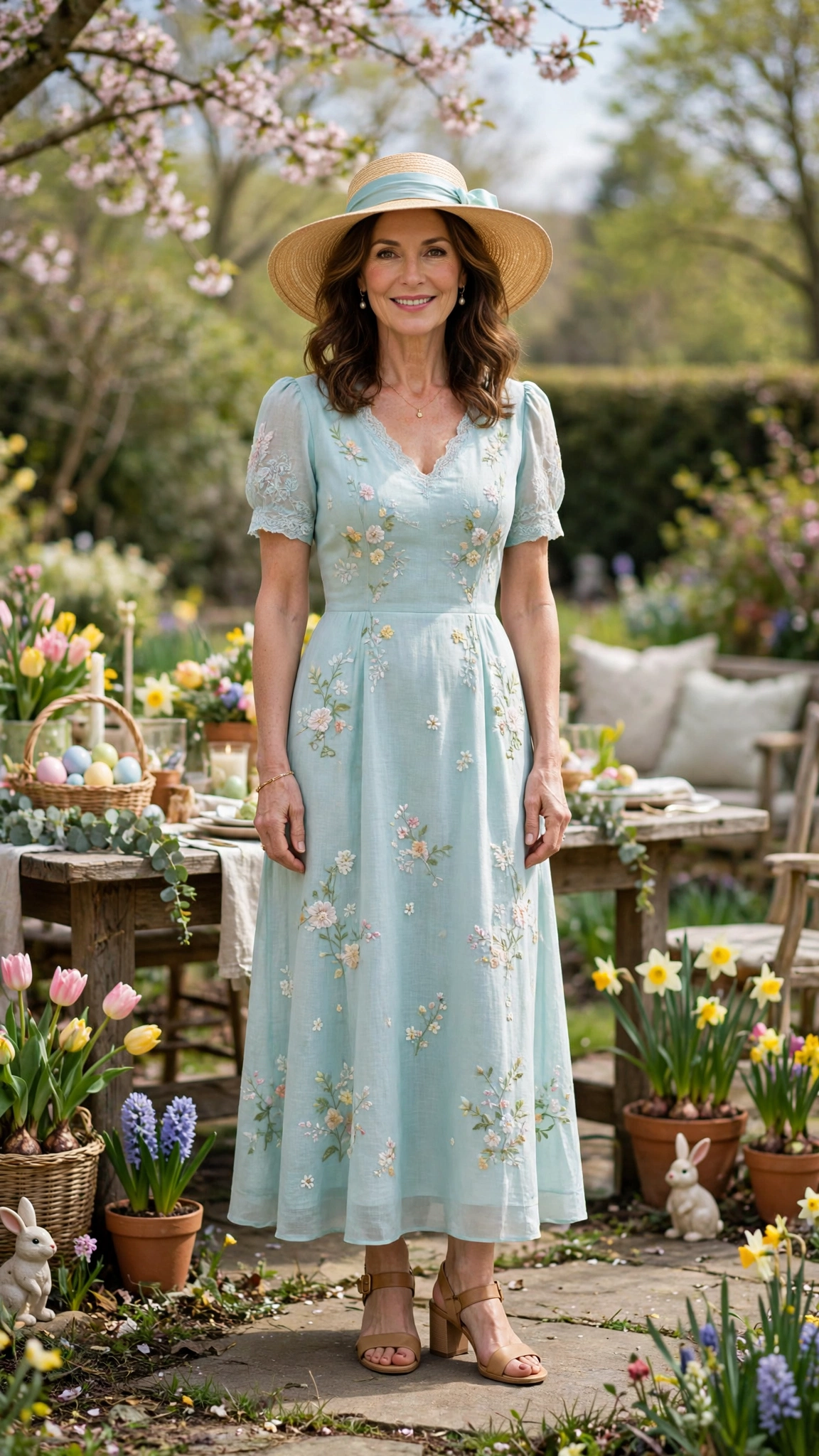 Light Aqua Spring Easter Outfit with a wide-brim hat and block-heel sandals