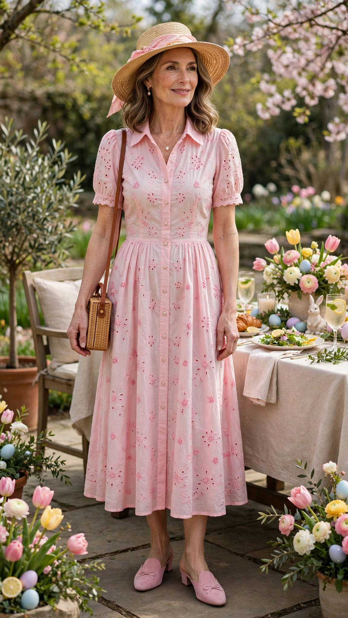 Shell Pink Spring Easter Outfit with a woven hat and mules