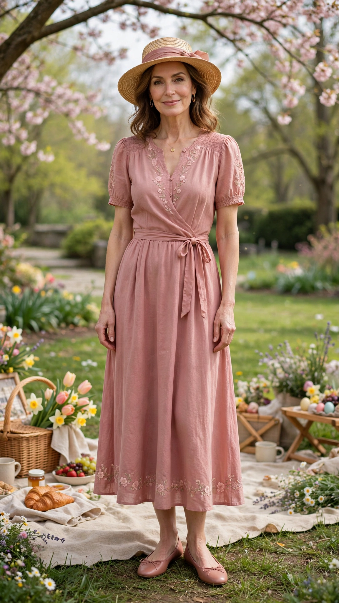 Dusty Rose Spring Easter Outfit with a straw hat and ballet flats