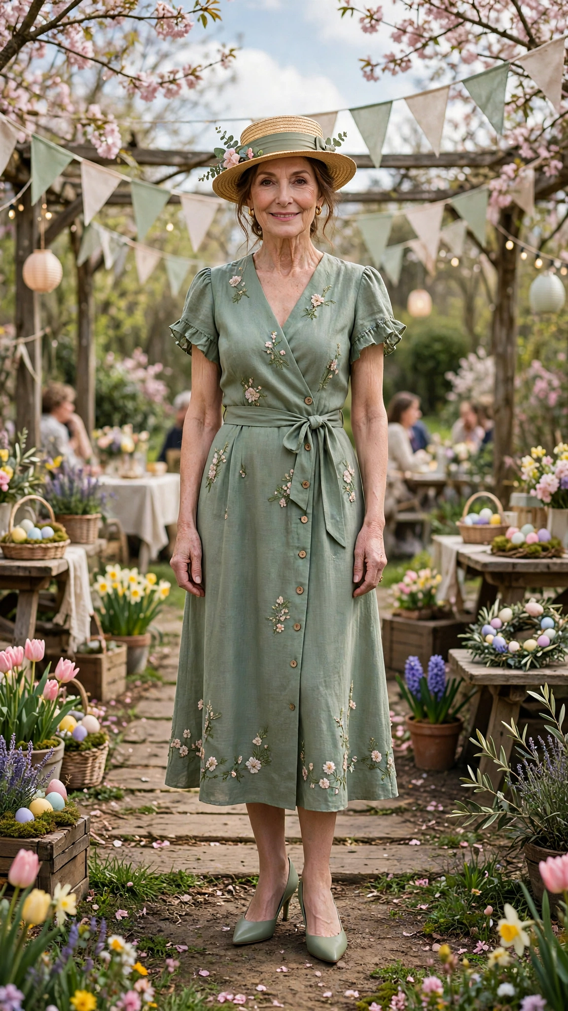 Sage Green Spring Easter Outfit with a boater hat and pointed pumps