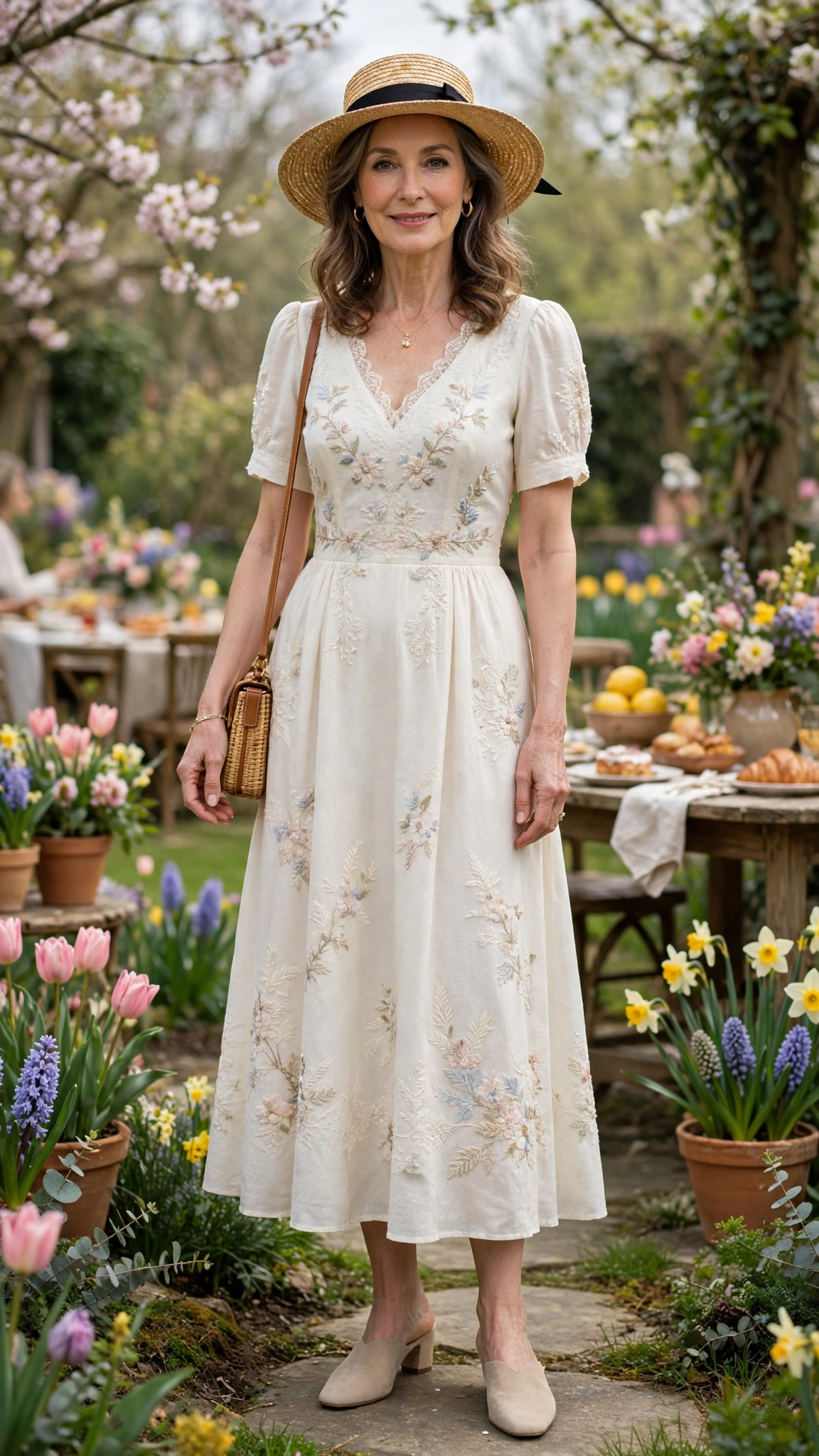 Ivory Spring Easter Outfit with a woven hat and mules