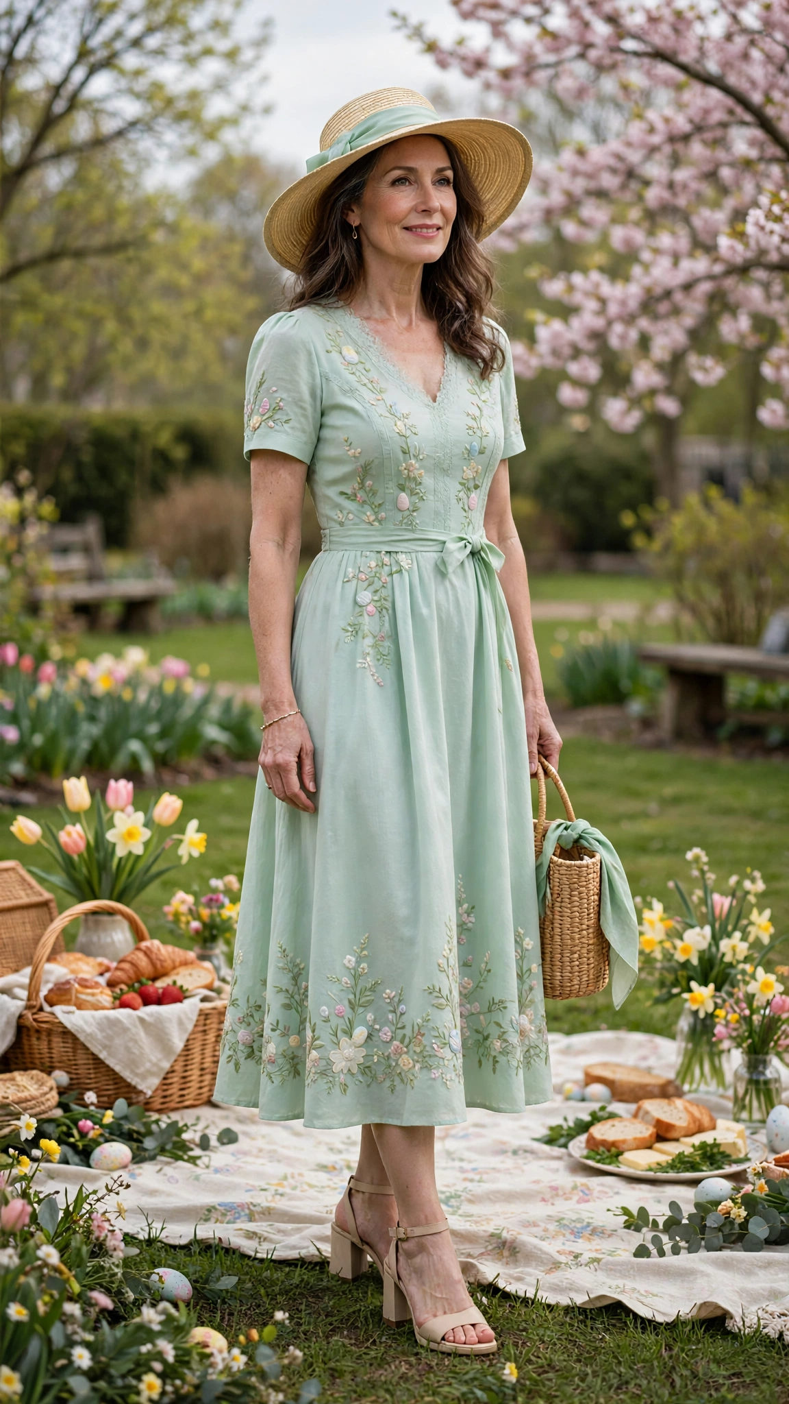 Mint Spring Easter Outfit with a wide-brim hat and block-heel sandals