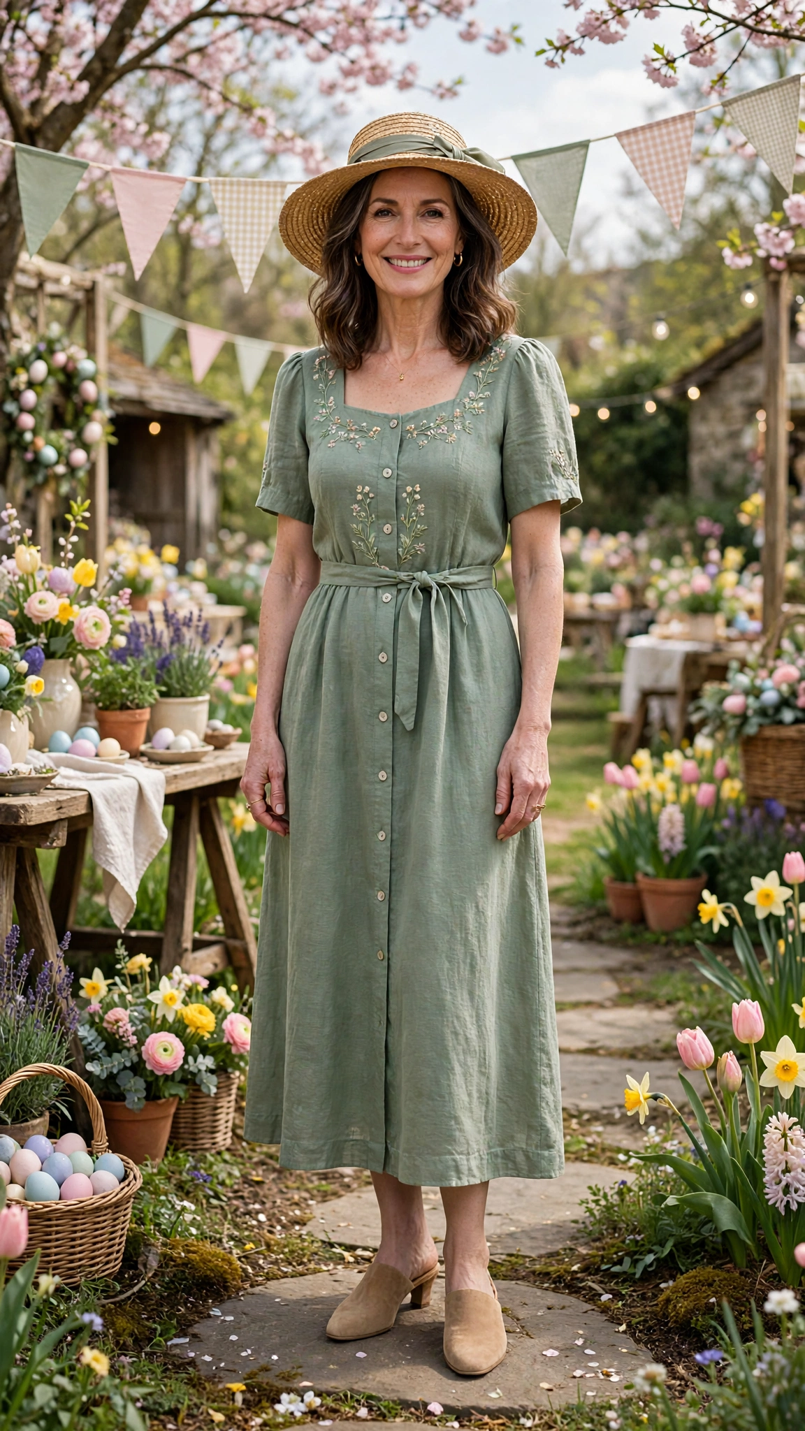 Sage Green Spring Easter Outfit with a woven hat and mules