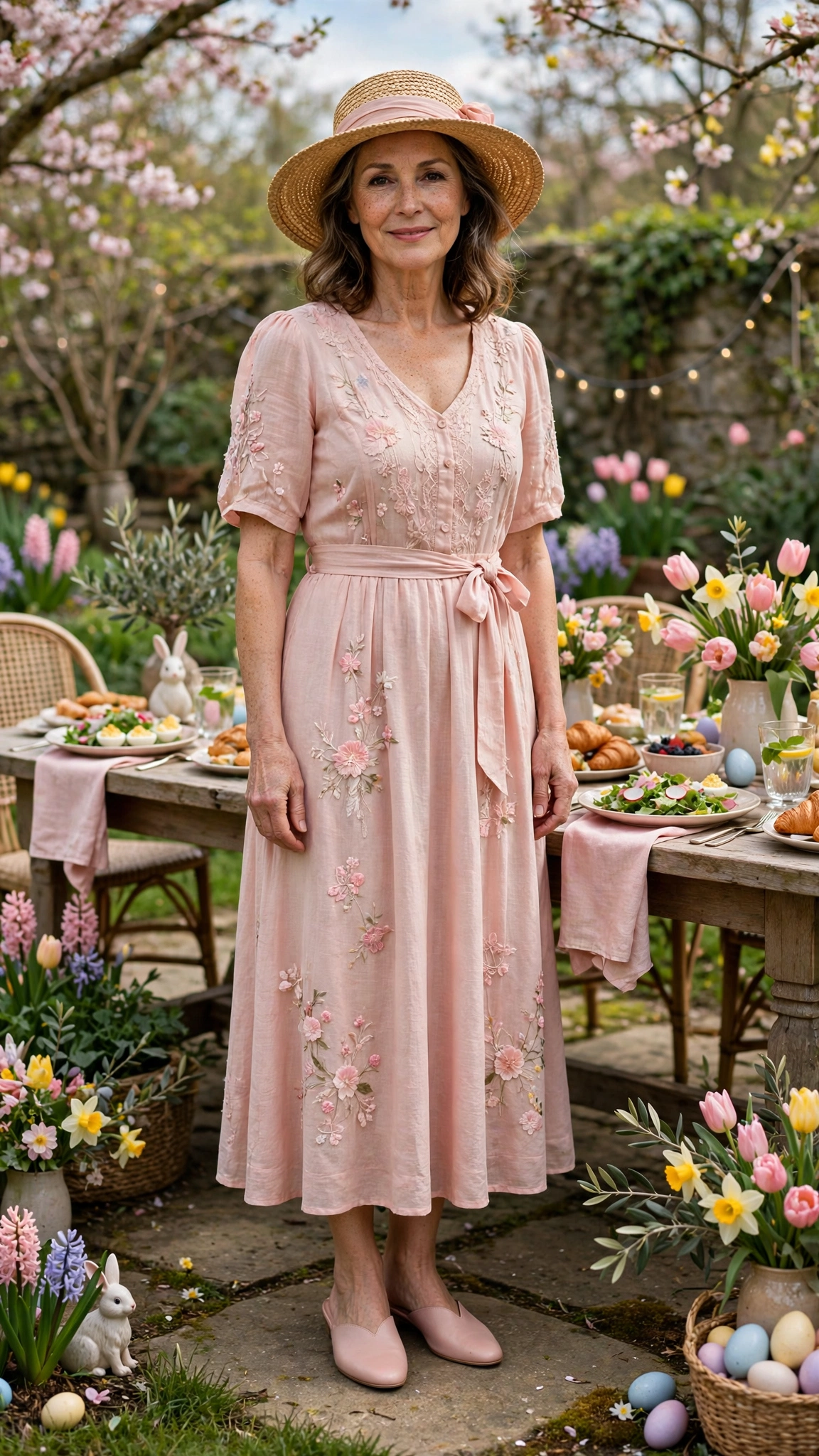 Blush Pink Spring Easter Outfit with a woven hat and mules