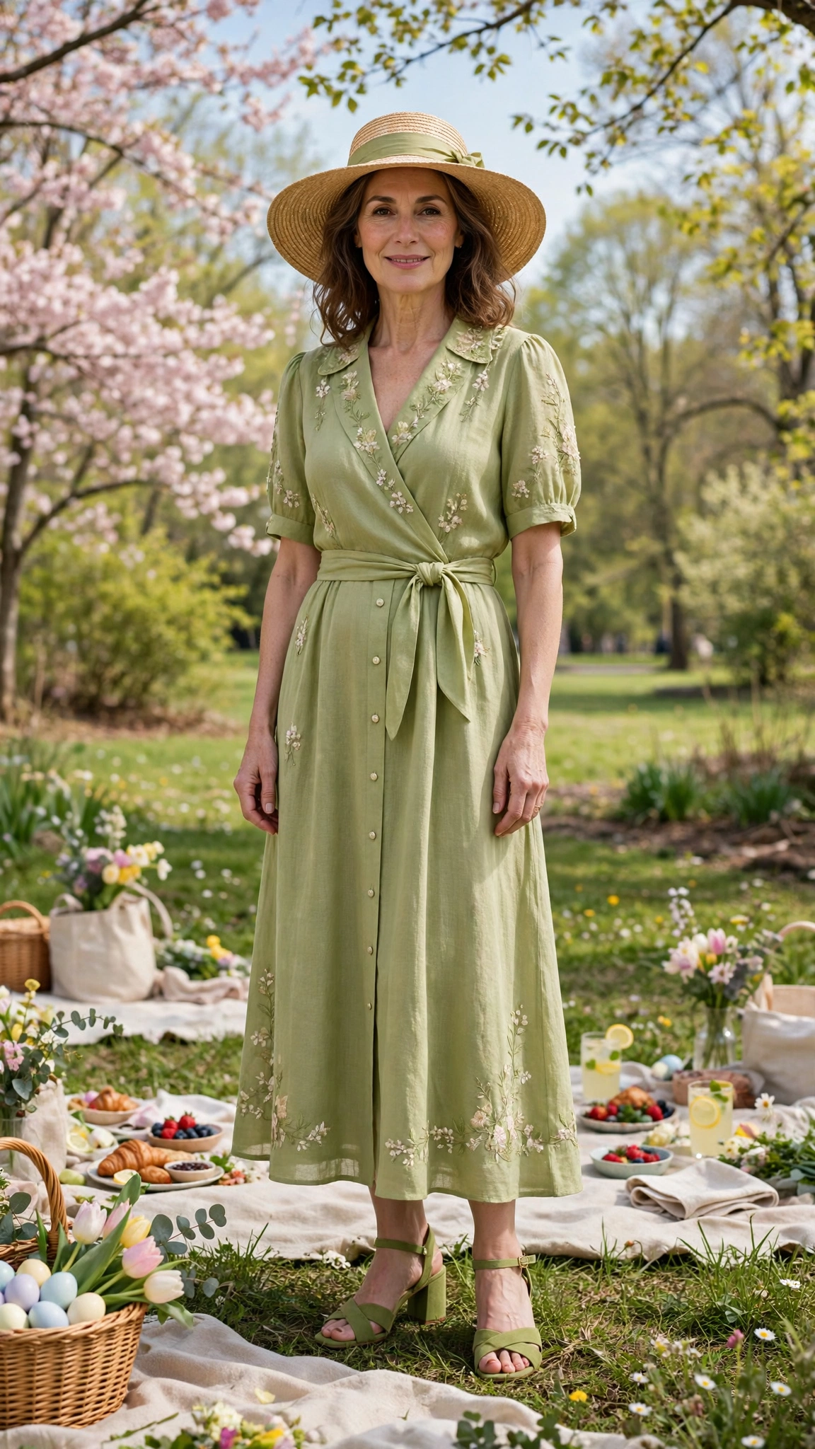 Pistachio Spring Easter Outfit with a wide-brim hat and block-heel sandals