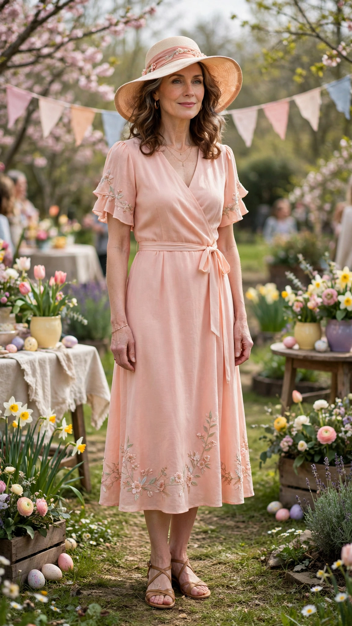 Pale Coral Spring Easter Outfit with a floppy hat and strappy sandals