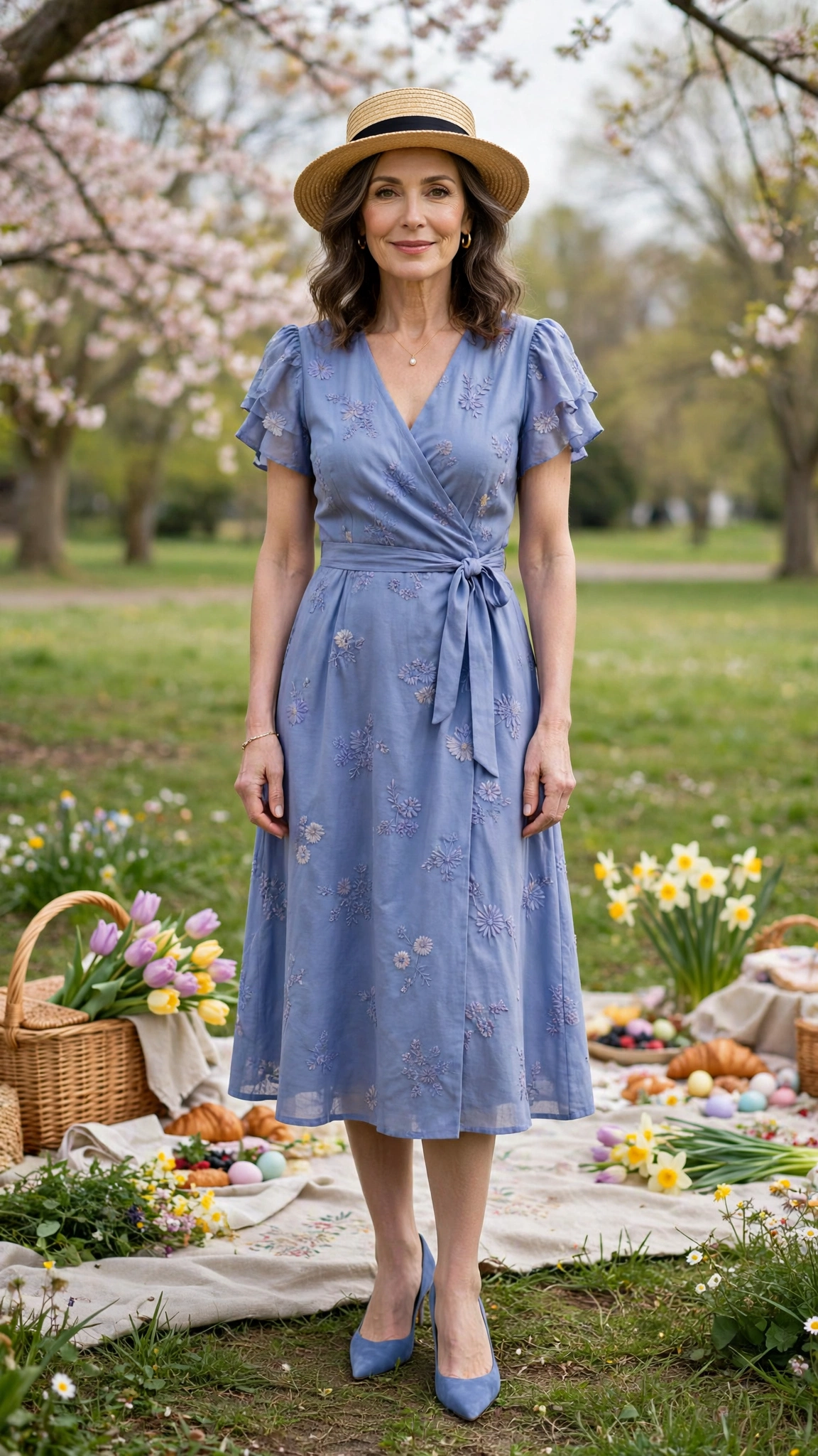 Periwinkle Spring Easter Outfit with a boater hat and pointed pumps