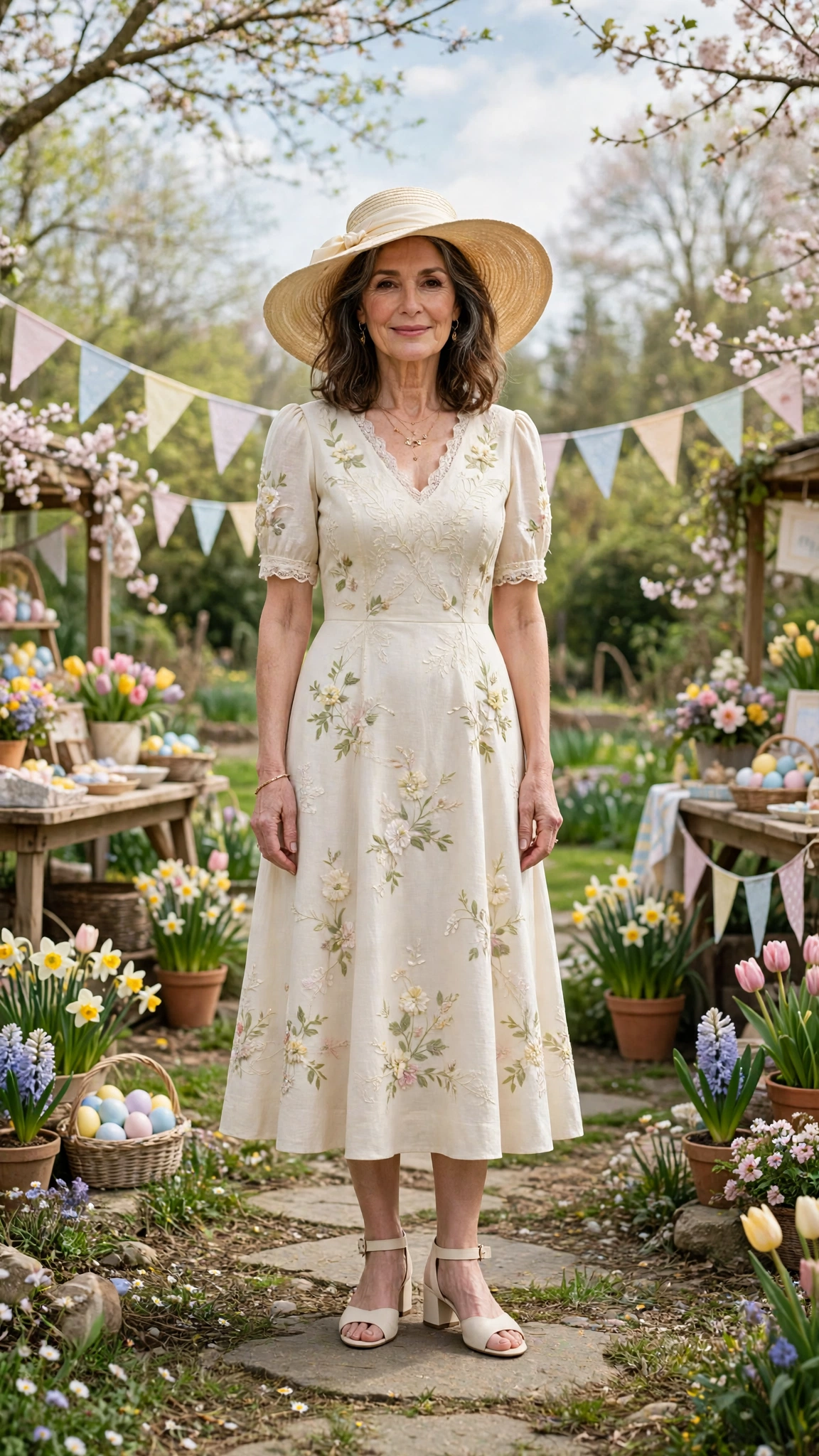 Cream Spring Easter Outfit with a wide-brim hat and block-heel sandals