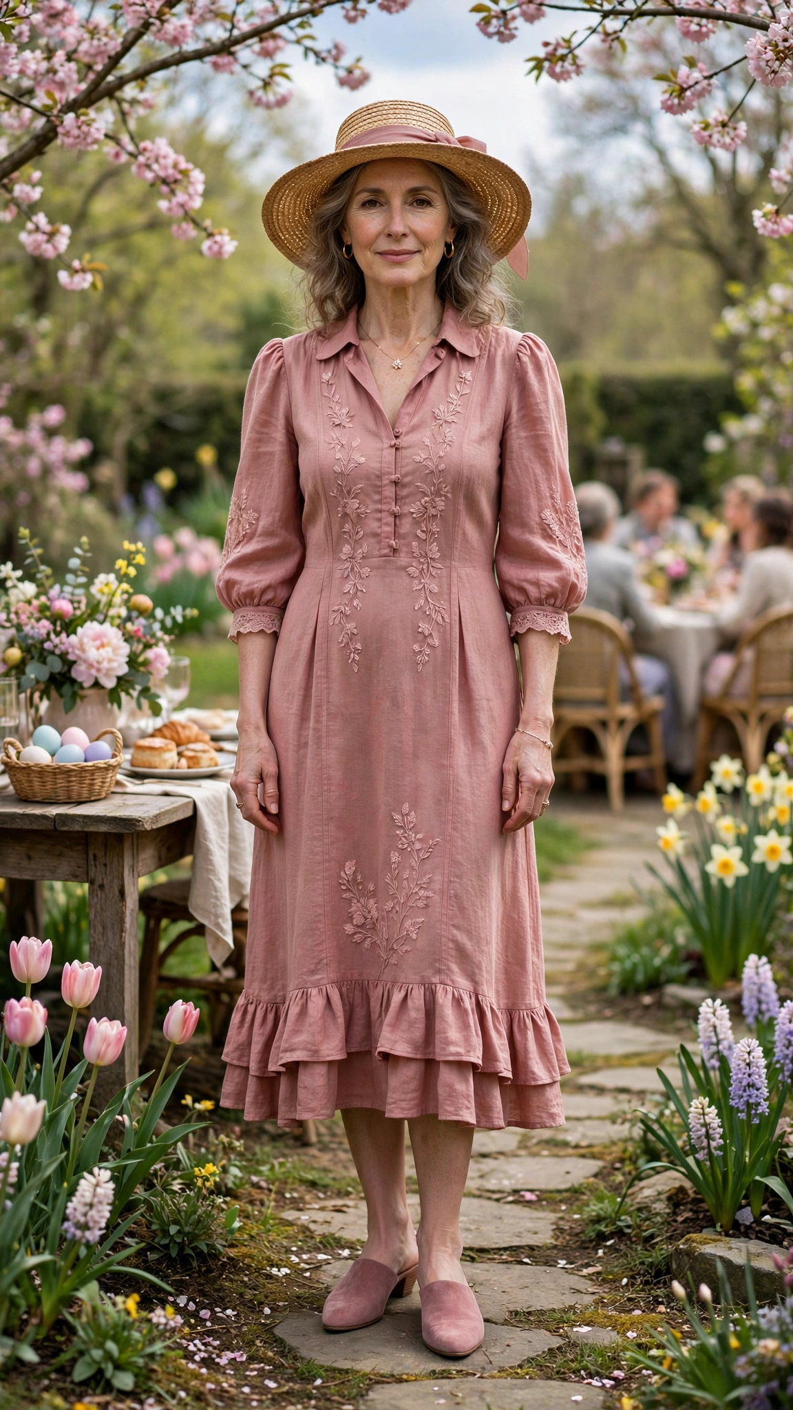 Dusty Rose Spring Easter Outfit with a woven hat and mules