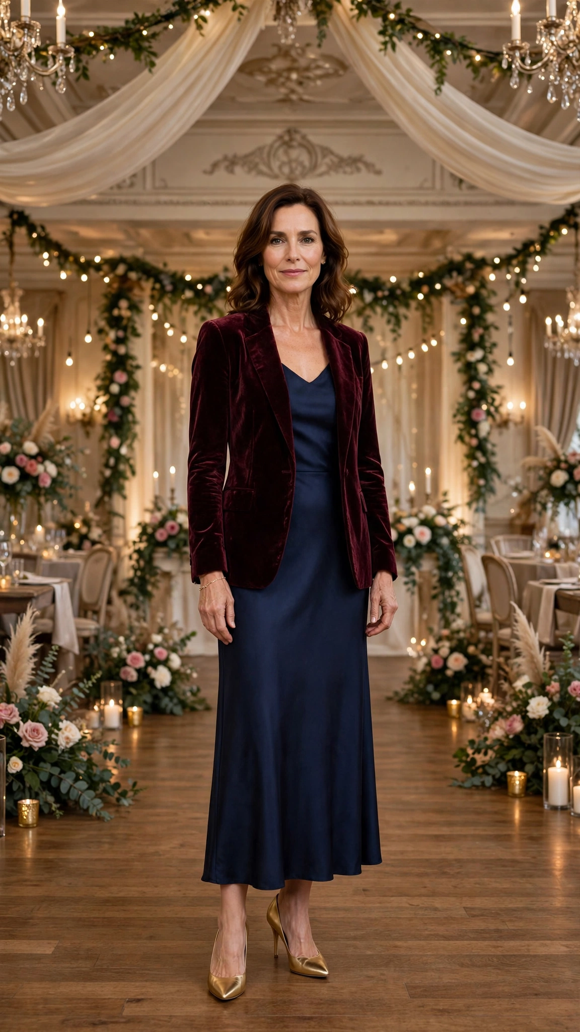Wine Velvet Blazer with a Navy Dress and Gold Pumps