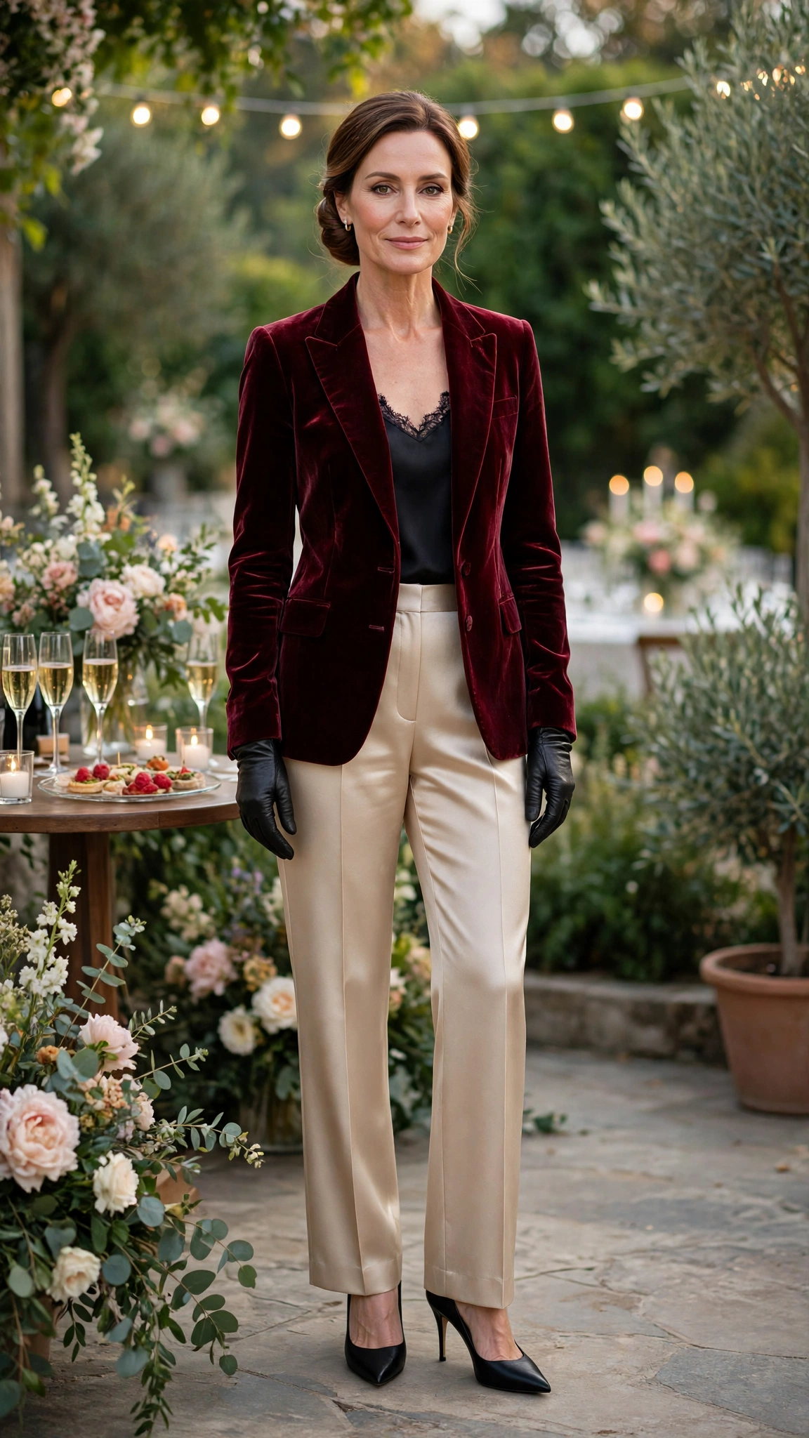 Wine Velvet Blazer with Champagne Trousers and Black Pointed Heels