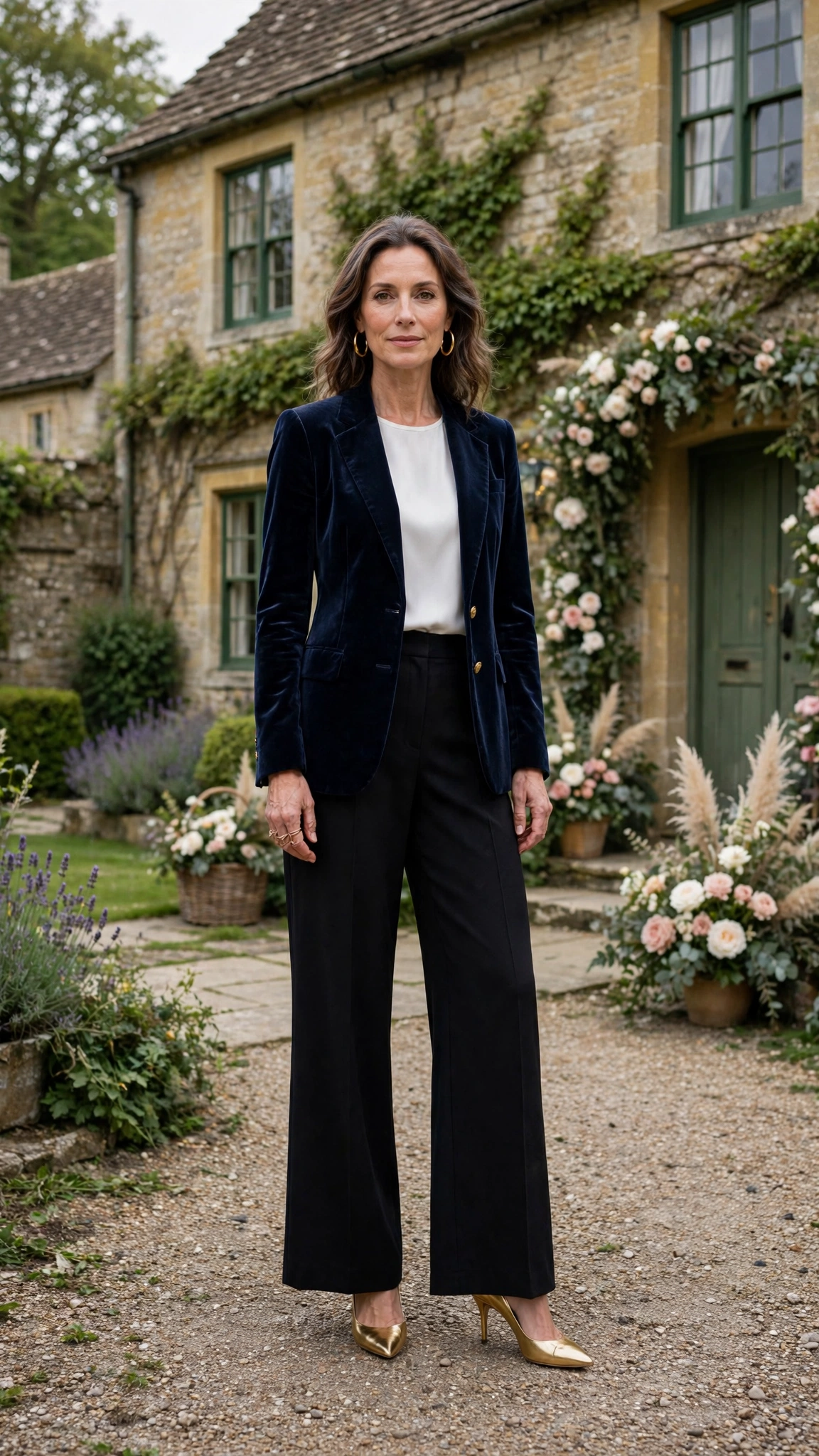 Navy Velvet Blazer with Black Wide-leg Trousers and Gold Pumps