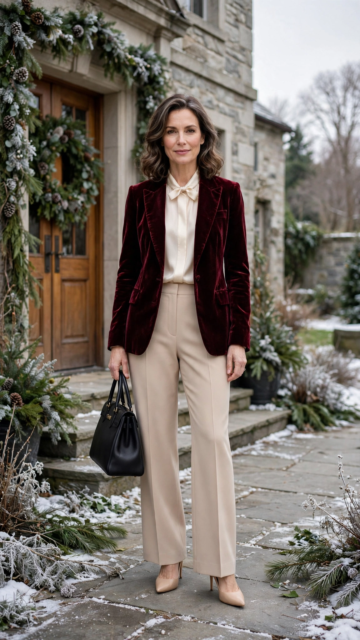 Wine Velvet Blazer with a Cream Silk Blouse and Nude Heels