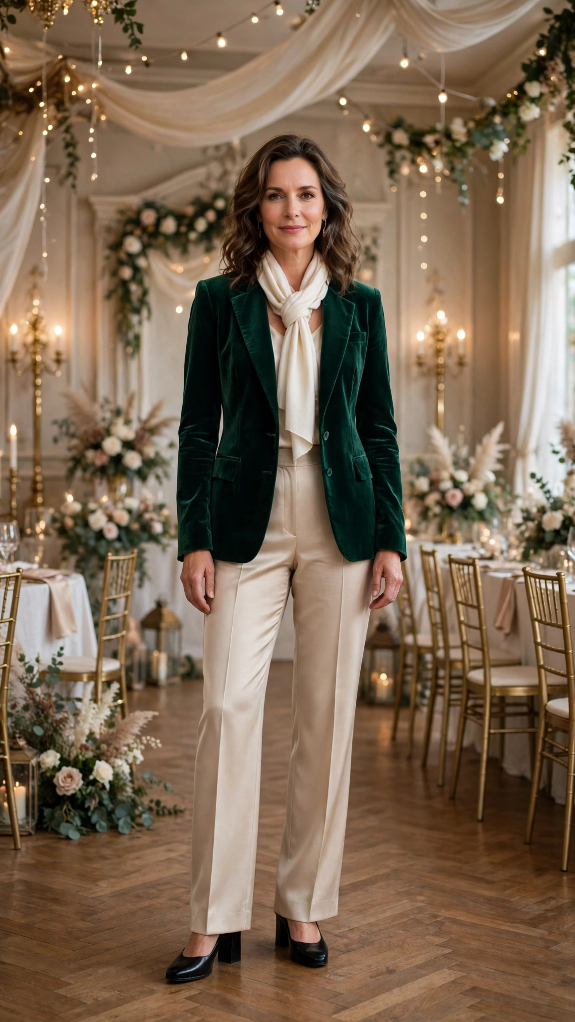Emerald Velvet Blazer with Champagne Trousers and Black Block Heels