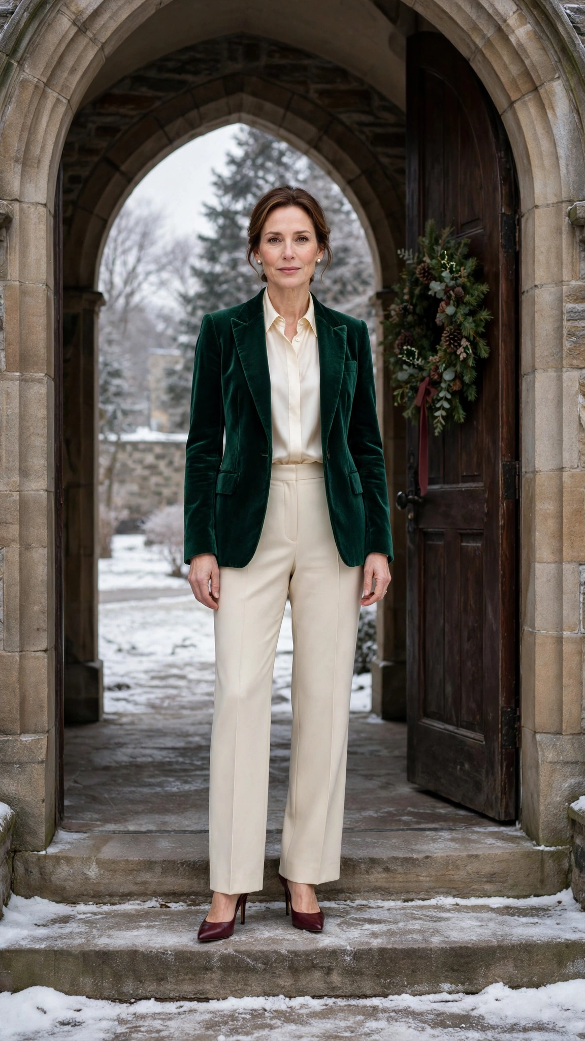 Emerald Velvet Blazer with a Cream Silk Blouse and Burgundy Heels