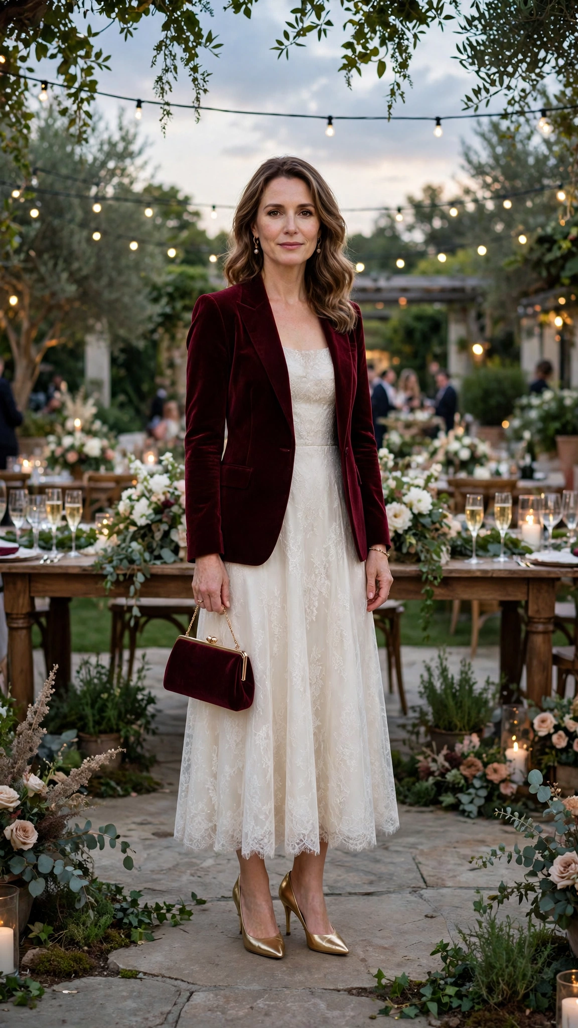 Burgundy Velvet Blazer with an Ivory Dress and Gold Pumps