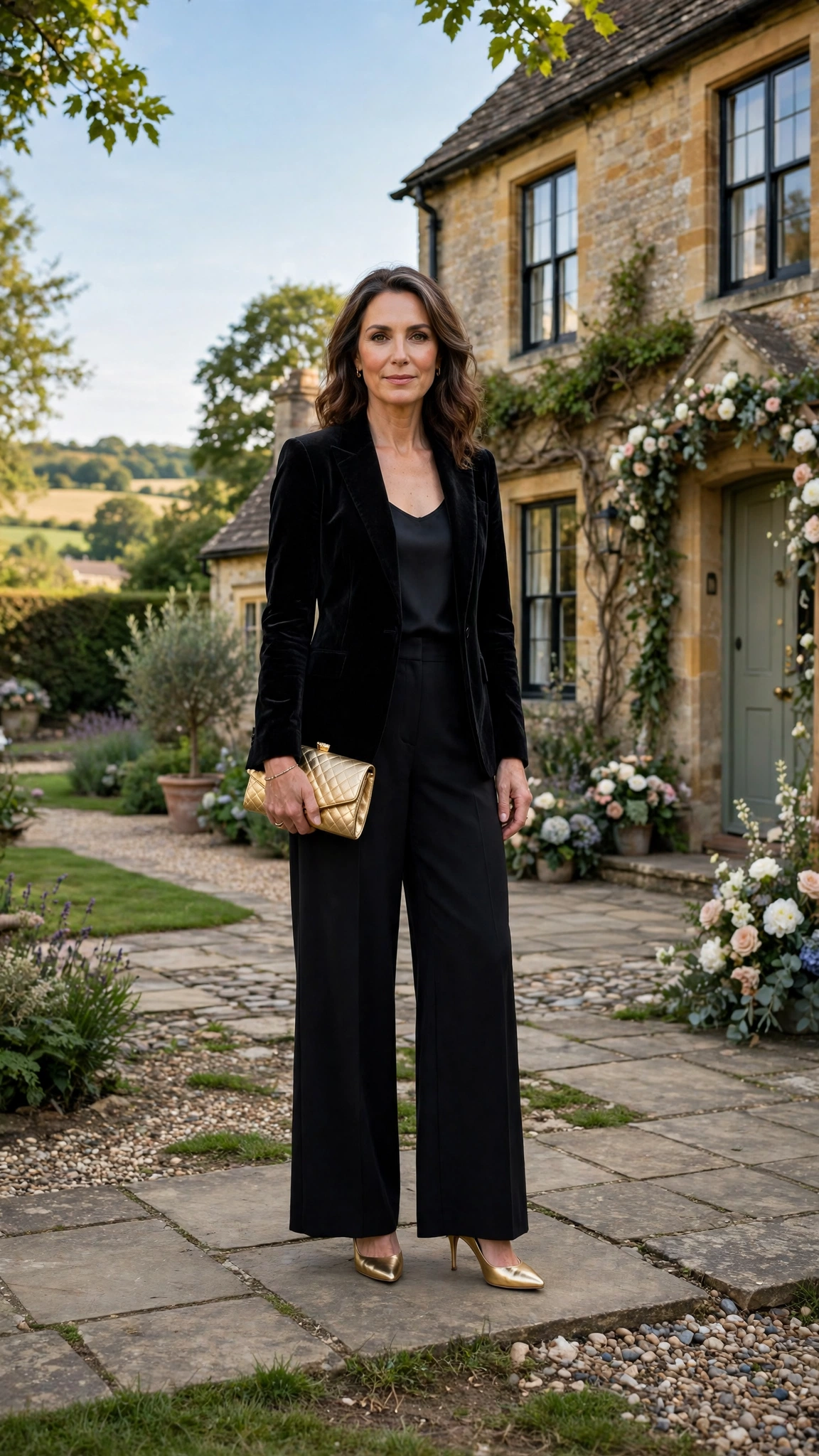 Black Velvet Blazer with Black Wide-leg Trousers and Gold Pumps