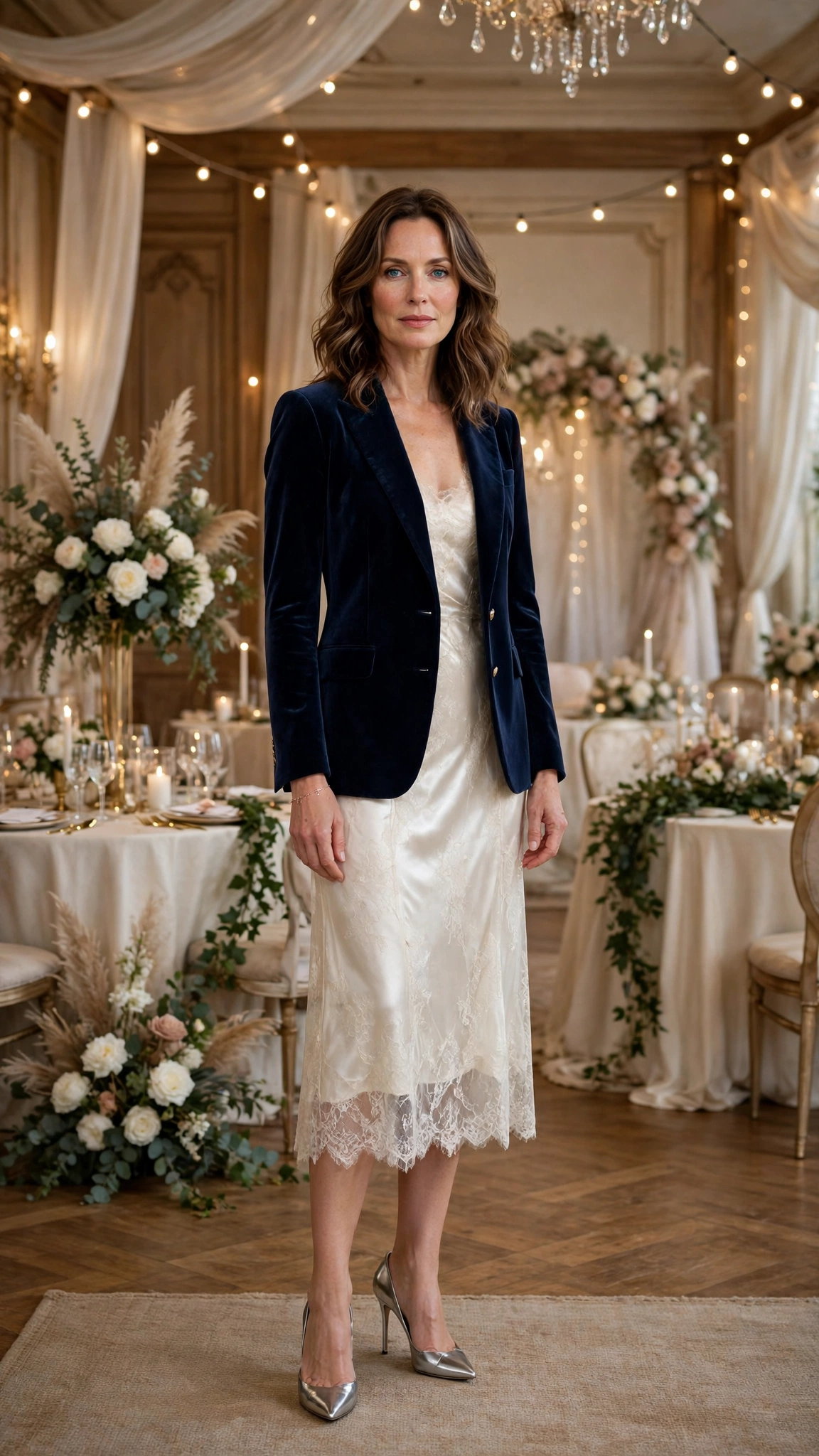 Navy Velvet Blazer with an Ivory Dress and Silver Heels