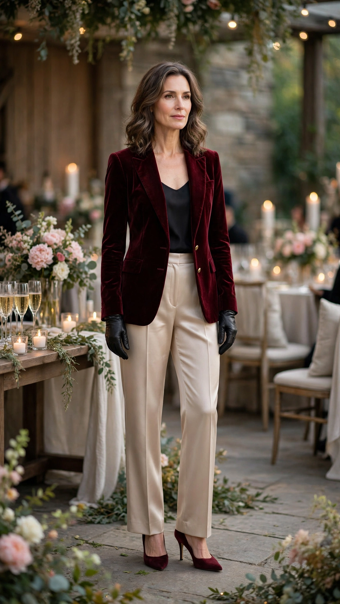 Wine Velvet Blazer with Champagne Trousers and Burgundy Heels