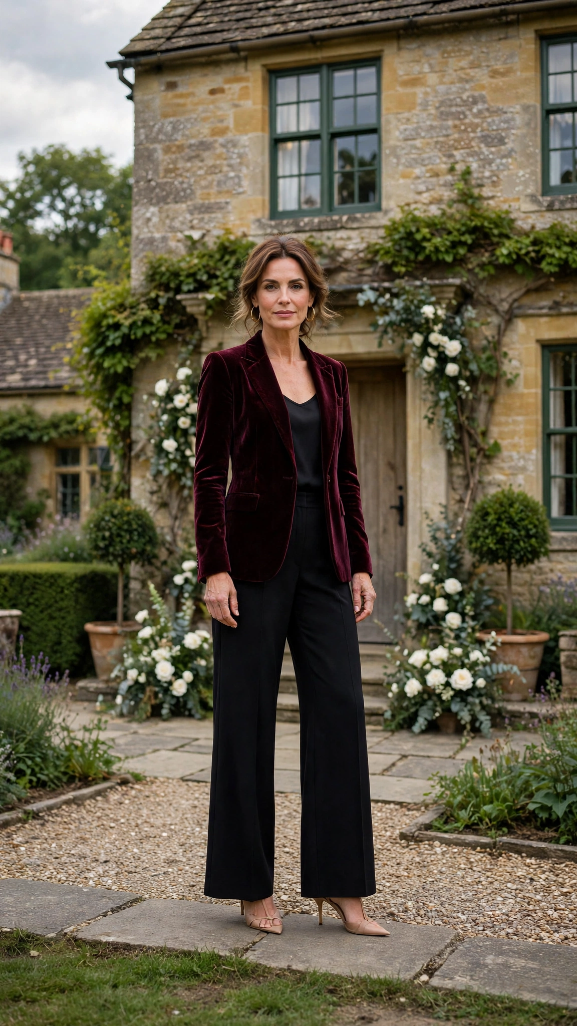 Wine Velvet Blazer with Black Wide-leg Trousers and Nude Heels