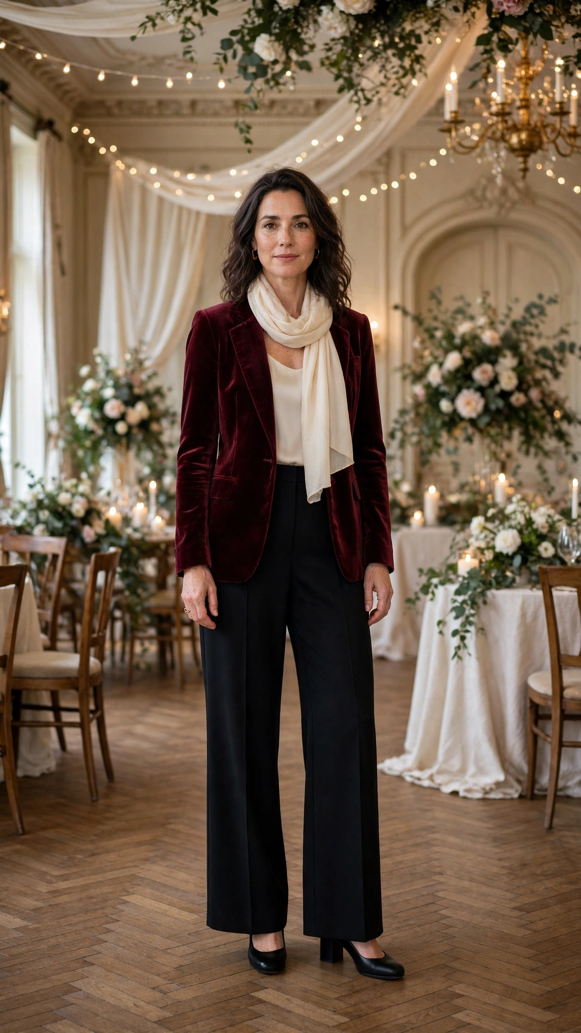Wine Velvet Blazer with Black Wide-leg Trousers and Black Block Heels