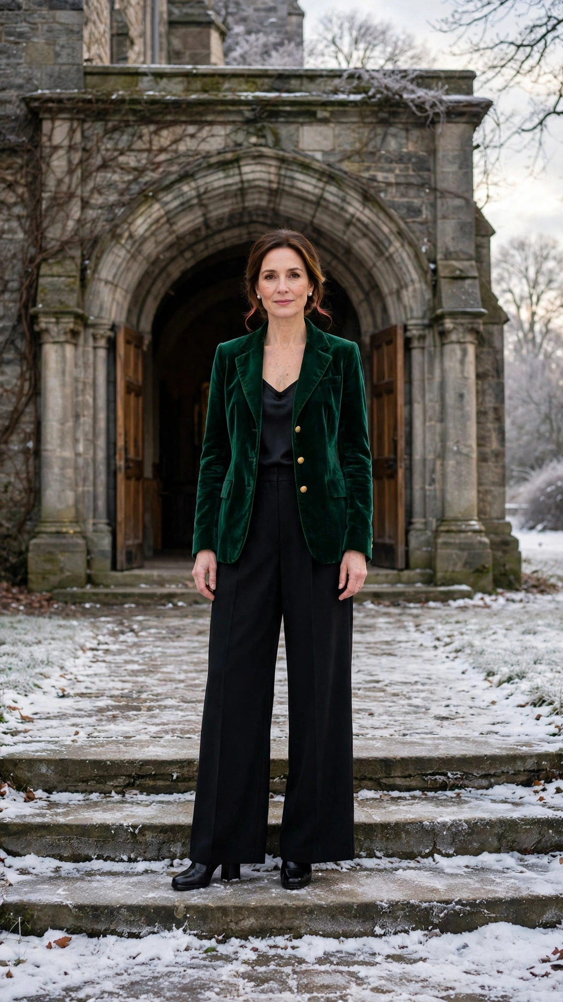 Emerald Velvet Blazer with Black Wide-leg Trousers and Black Block Heels