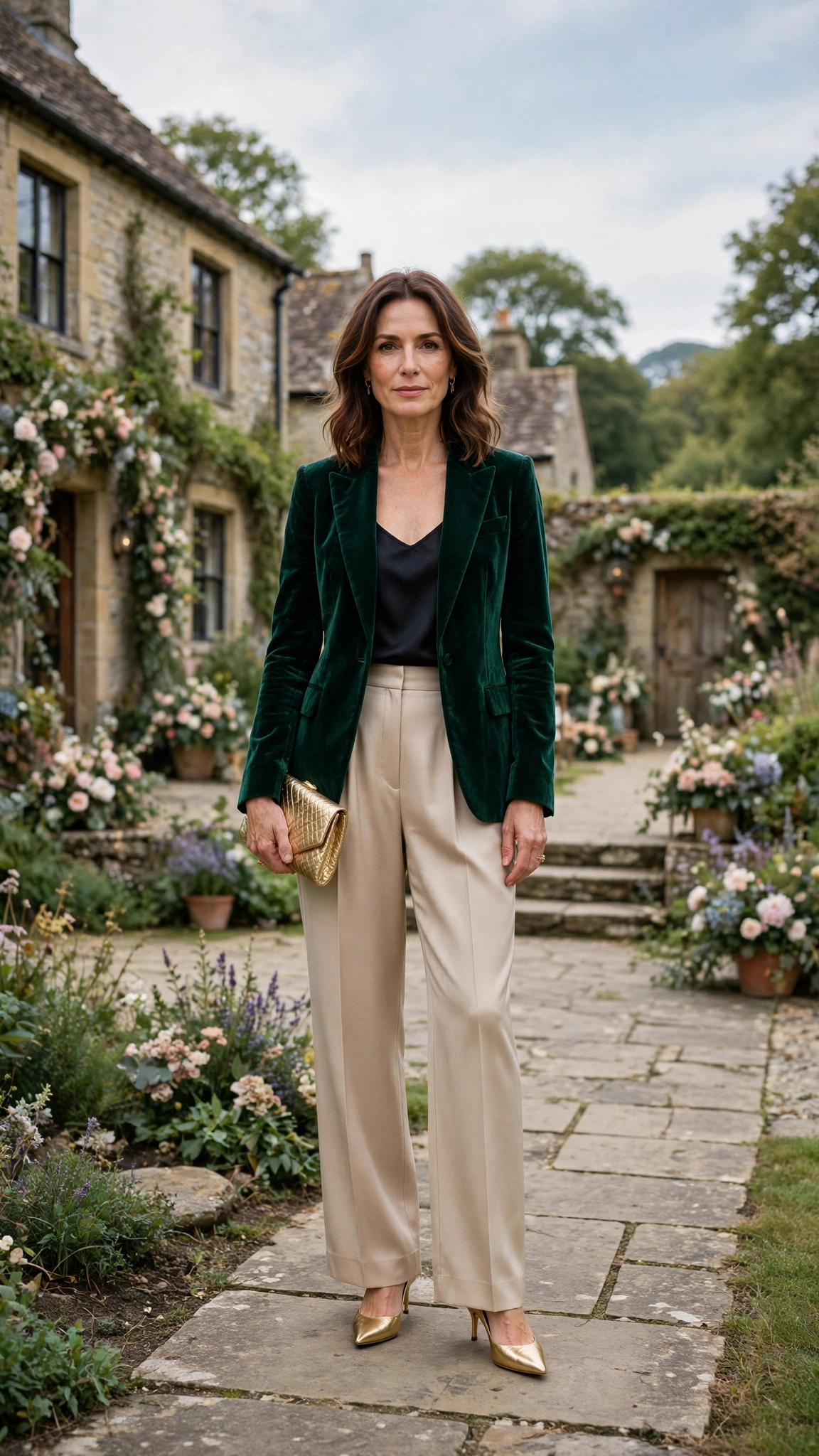 Emerald Velvet Blazer with Champagne Trousers and Gold Pumps