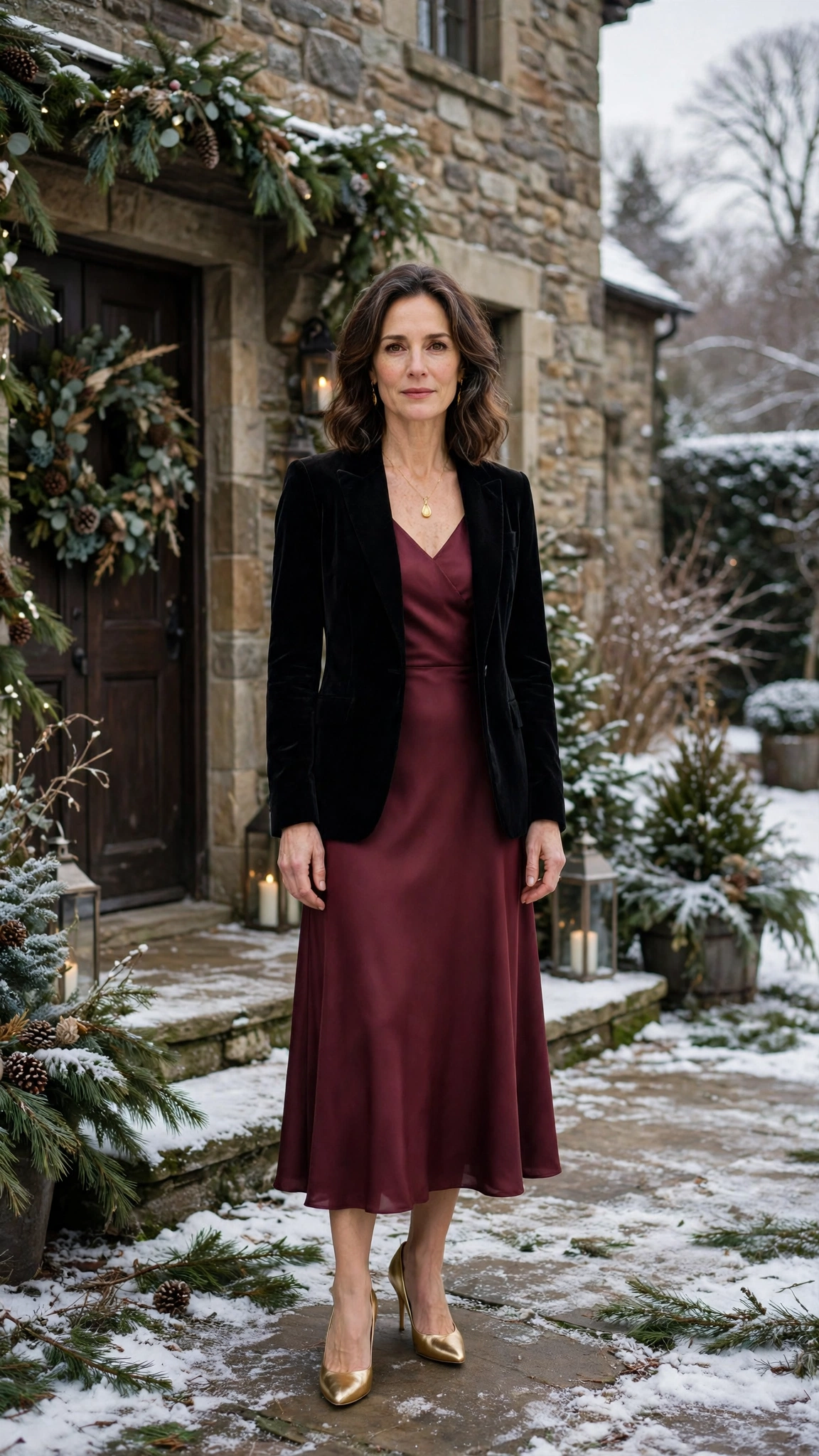 Black Velvet Blazer with a Burgundy Midi Dress and Gold Pumps