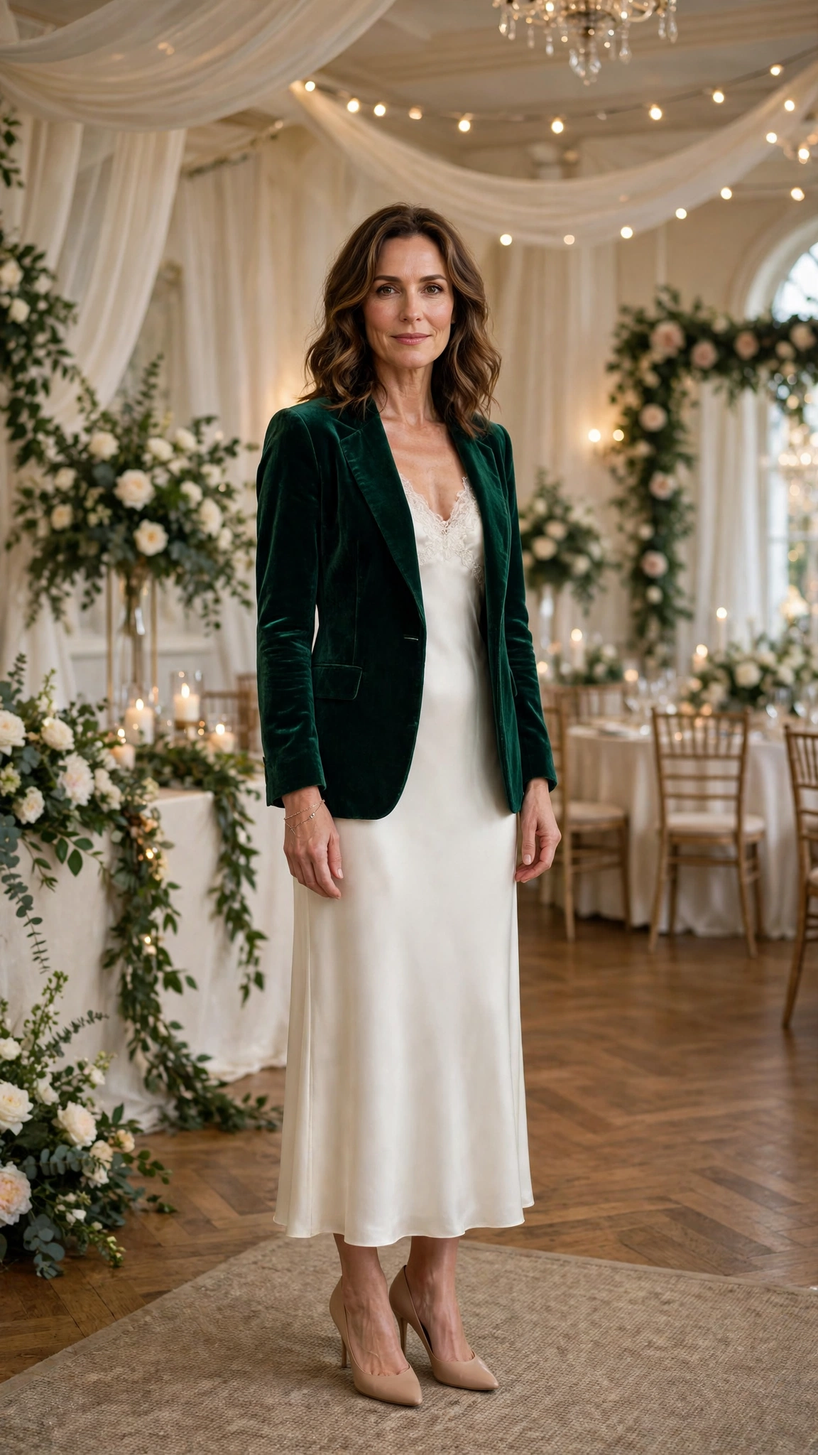 Emerald Velvet Blazer with an Ivory Dress and Nude Heels