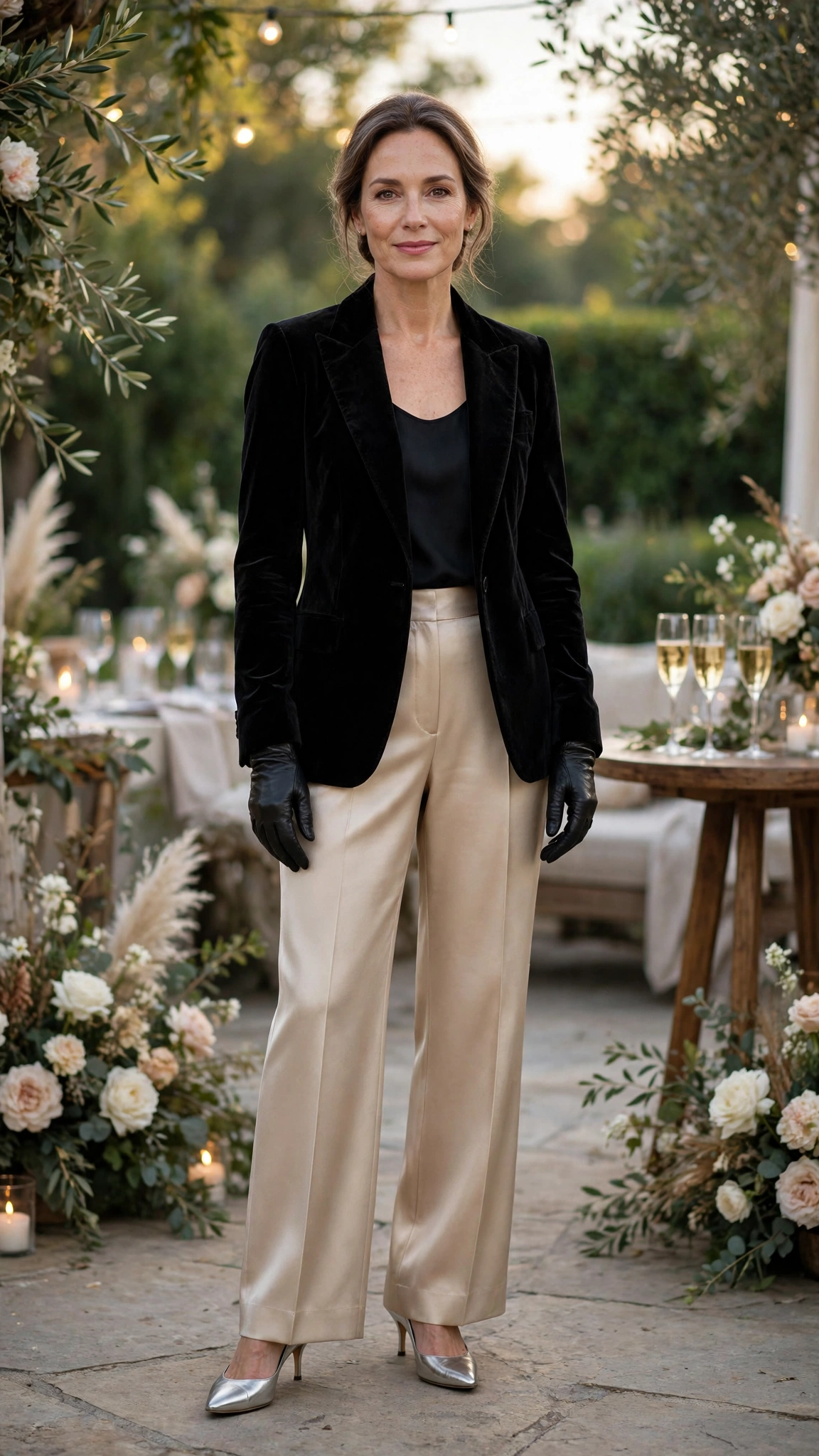 Black Velvet Blazer with Champagne Trousers and Silver Heels