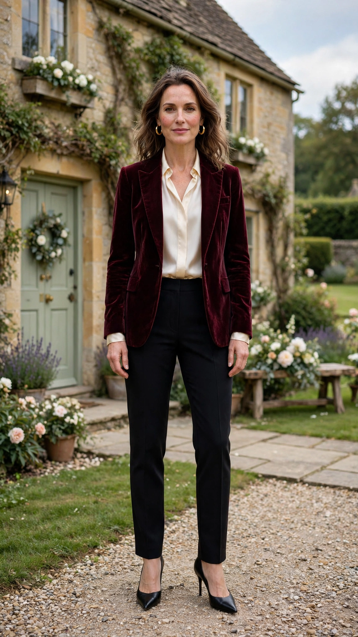 Wine Velvet Blazer with a Cream Silk Blouse and Black Pointed Heels