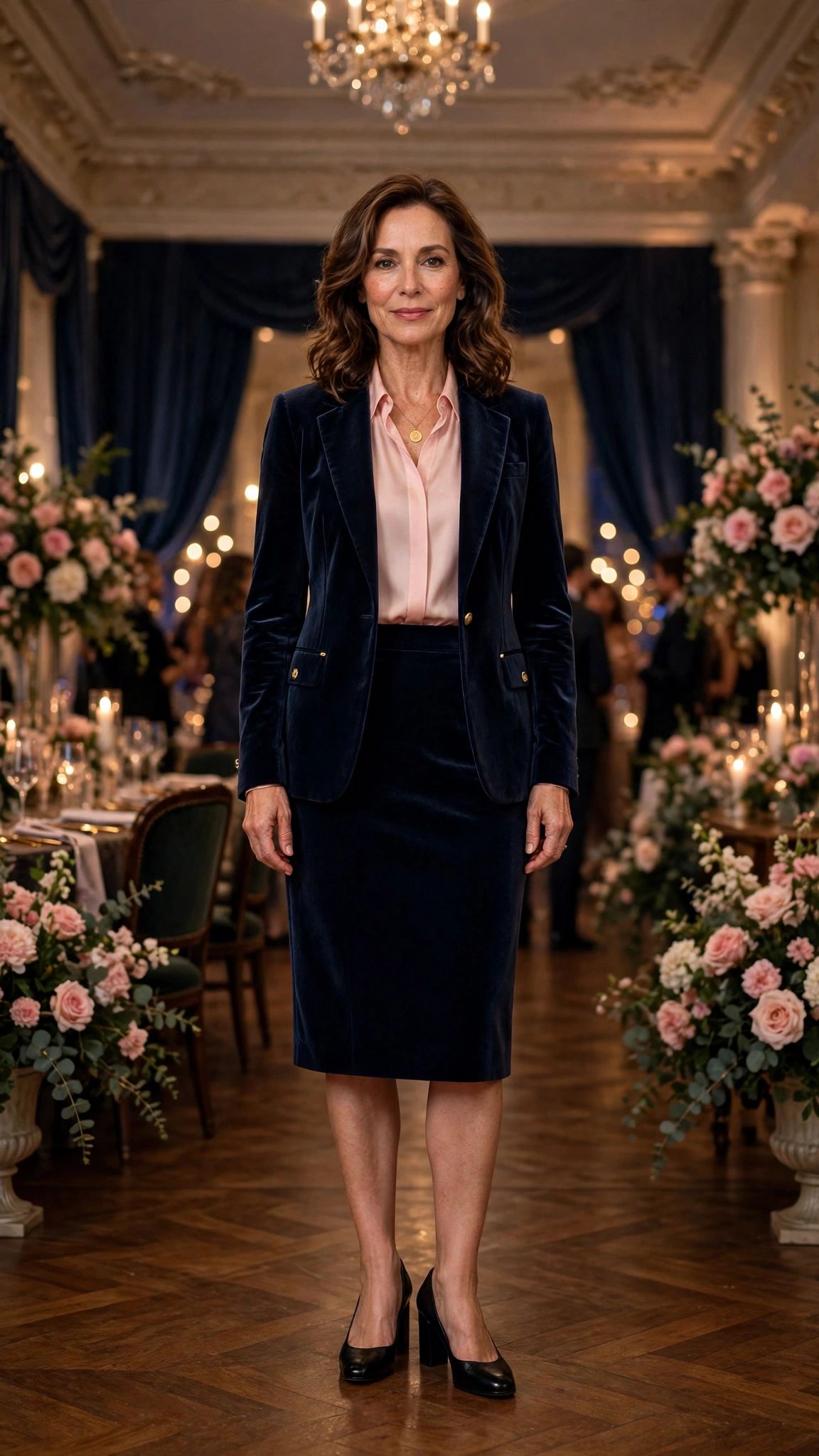Navy Velvet Skirt Suit with a Blush Blouse and Black Block Heels