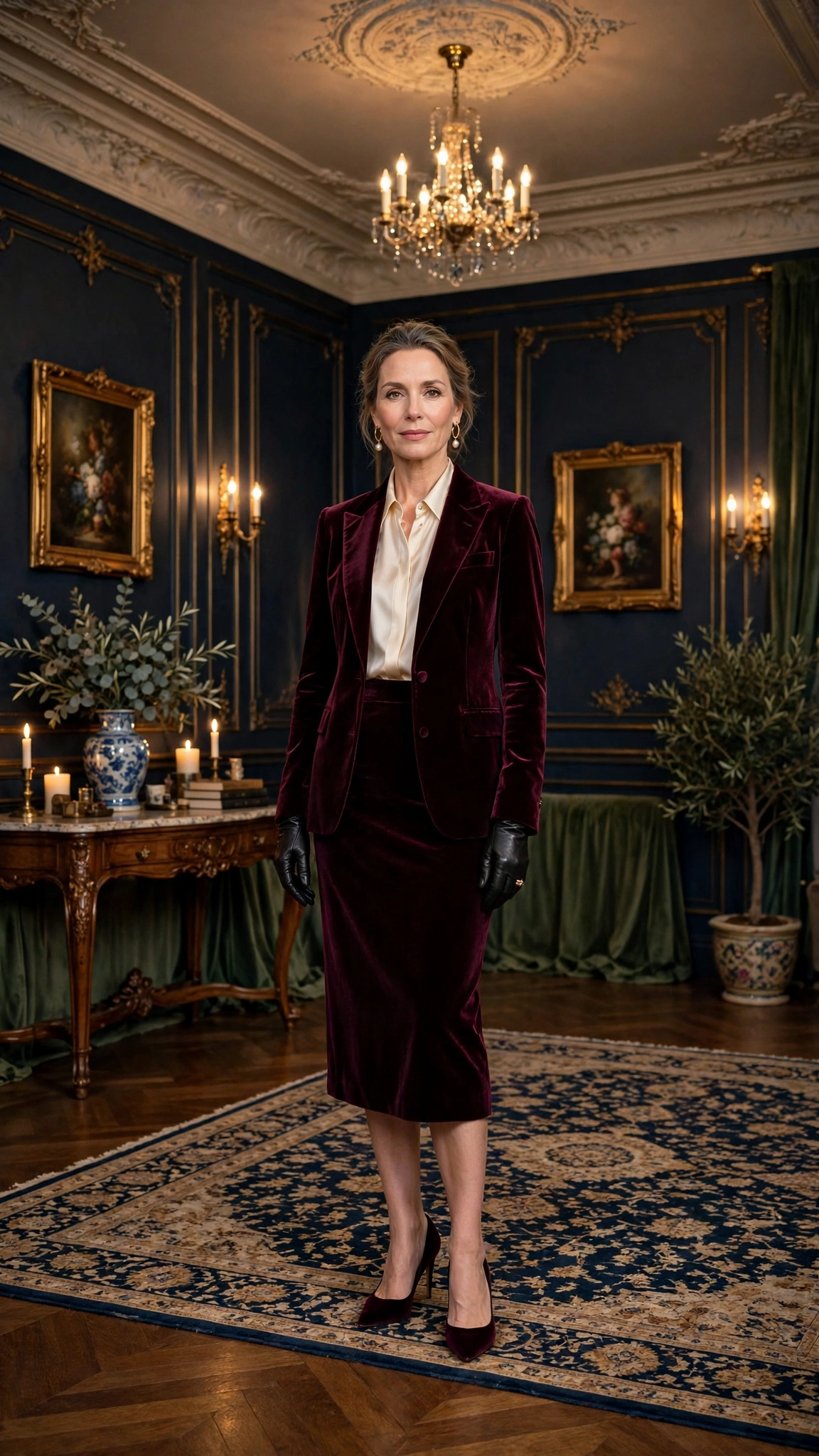 Wine Velvet Skirt Suit with a Cream Silk Blouse and Wine Heels