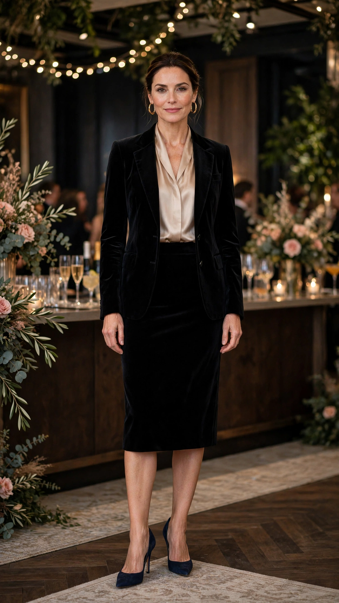 Black Velvet Skirt Suit with a Champagne Blouse and Navy Heels