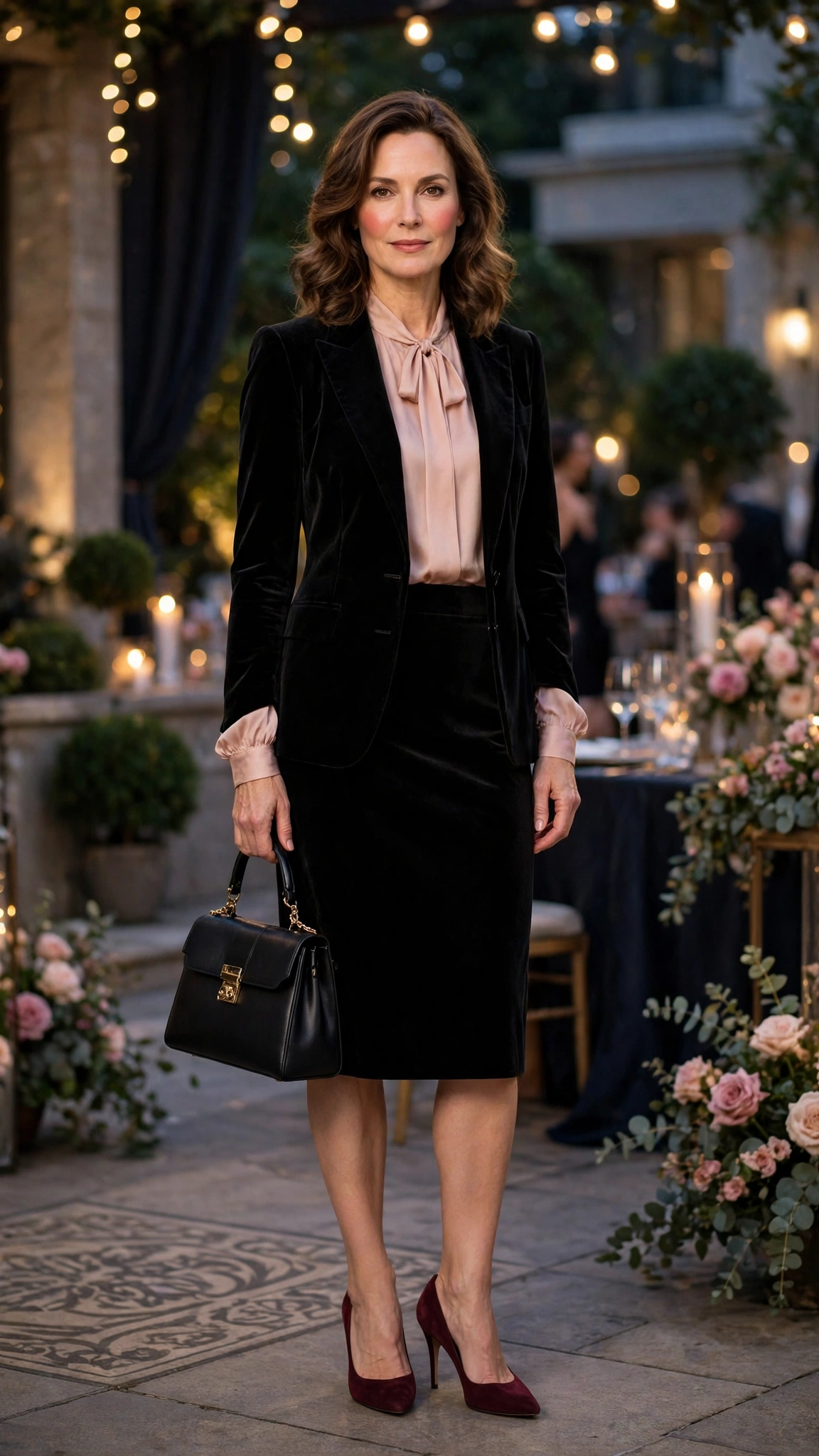 Black Velvet Skirt Suit with a Blush Blouse and Wine Heels