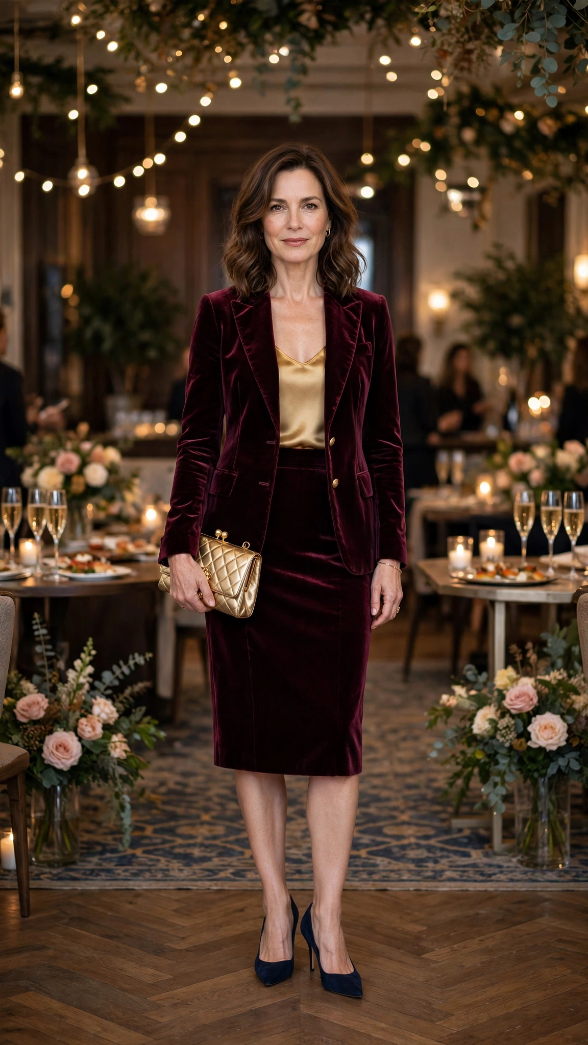 Wine Velvet Skirt Suit with a Gold Camisole and Navy Heels